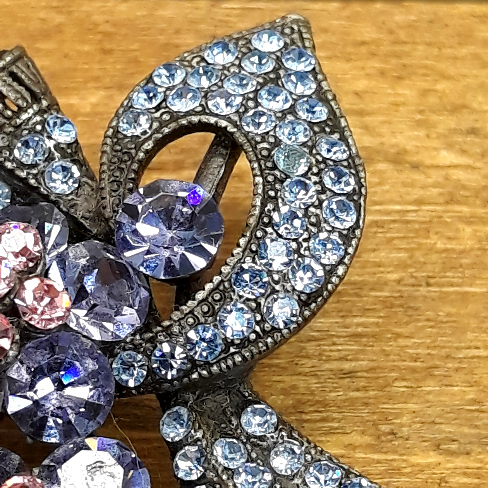 Vintage Pink & Blue Rhinestone Floral Bouquet Gunmetal Brooch 2.5″