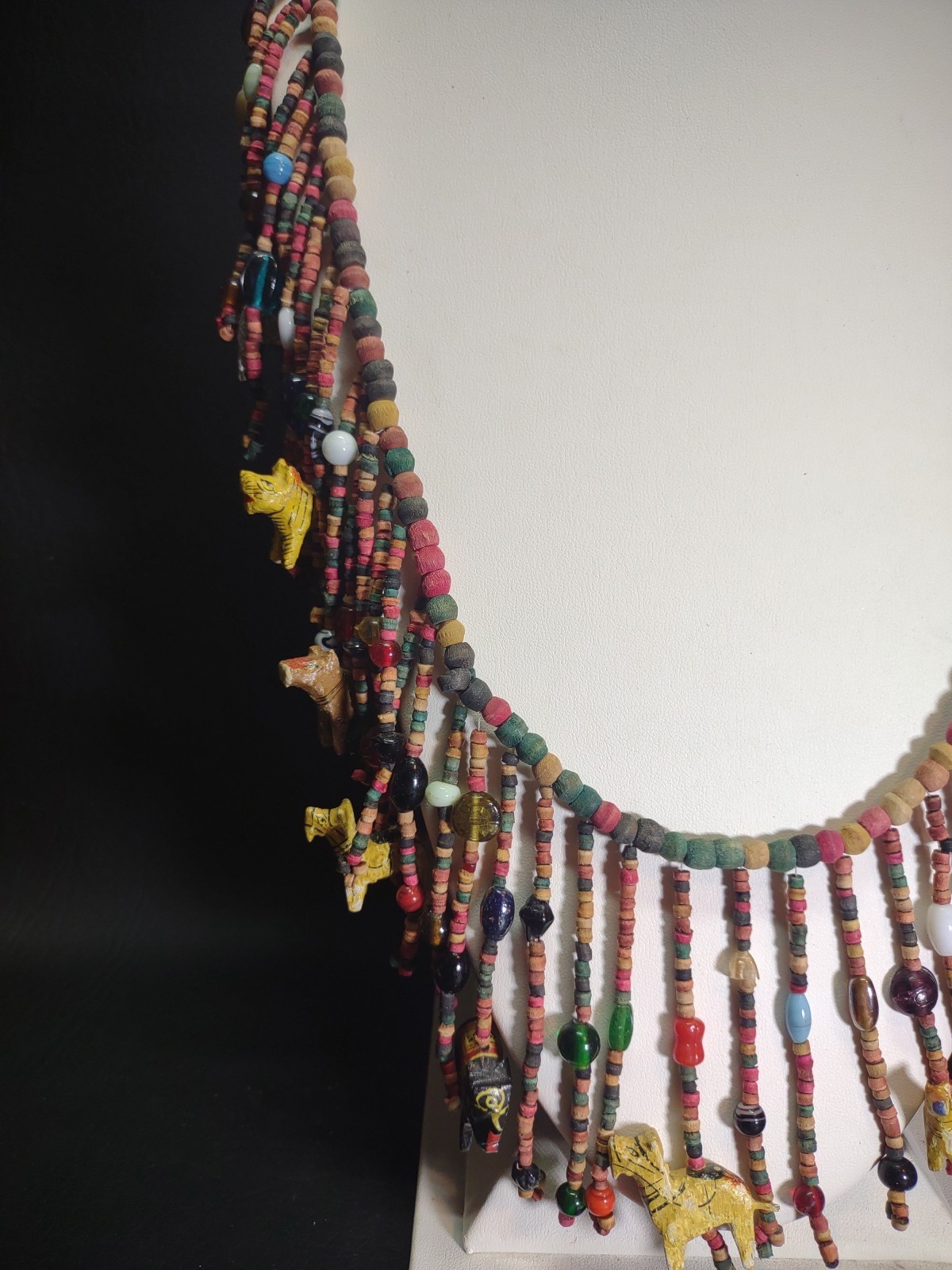 Vgt Africa Multi-Strand Drops Hand Carved Wood Animal Glass Beads Necklace Boho