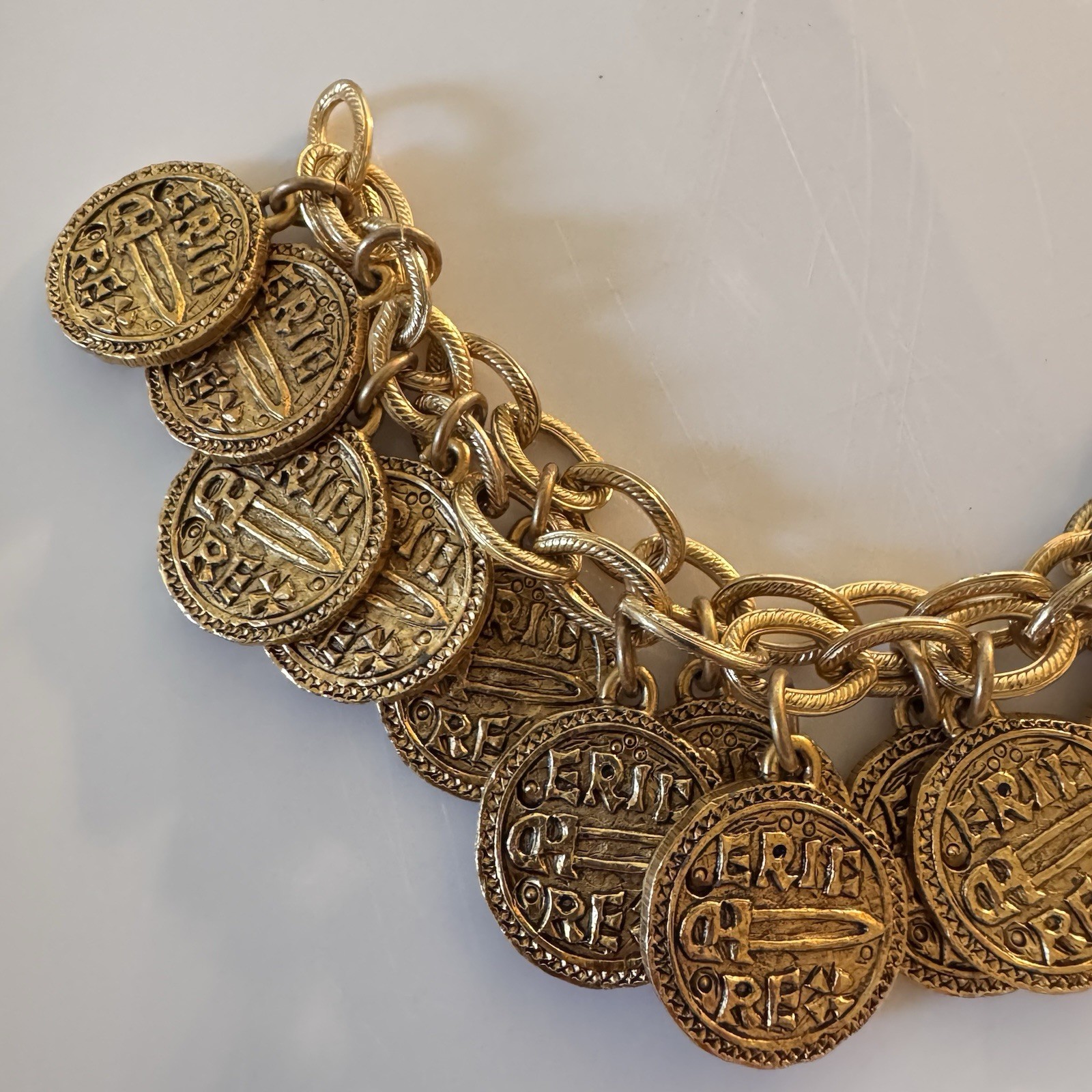 Vintage Stewart Lucas Coin Charm Bracelet, 80s 90s, Etruscan, Byzantine, Signed!