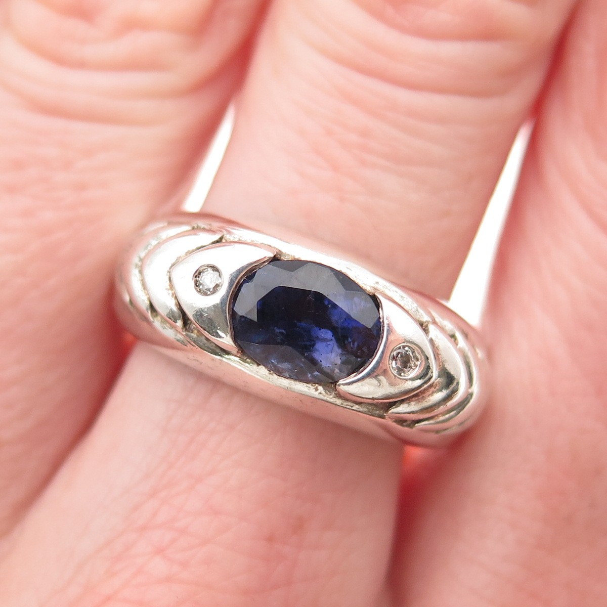 925 Sterling Silver Vintage Real Iolite & C Z Modernist Ring Size 9