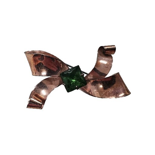 Vintage 1930s – 1940s Jolle Sterling Silver Stylized Bow Glass Emerald Brooch