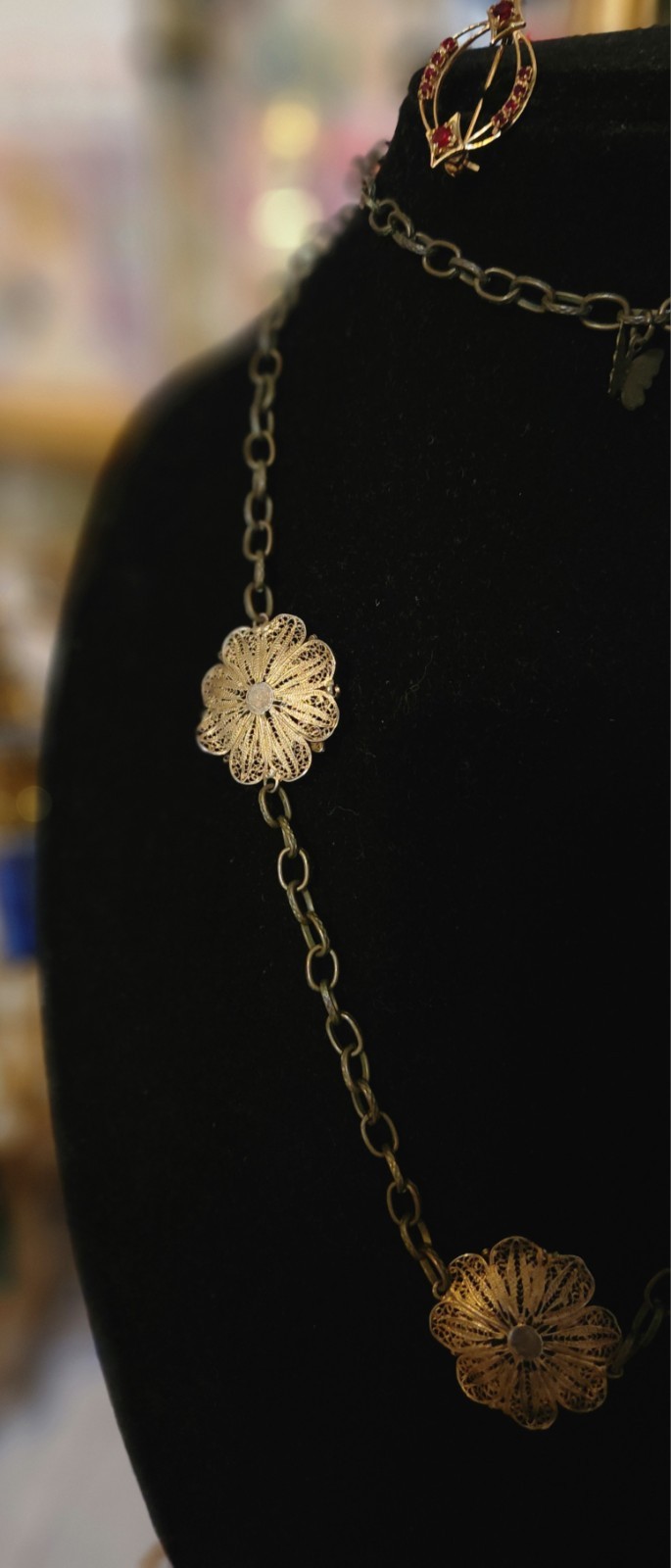 VTG Silver (tested) Filigree Flower Station Charms On Bronze-tone Chain
