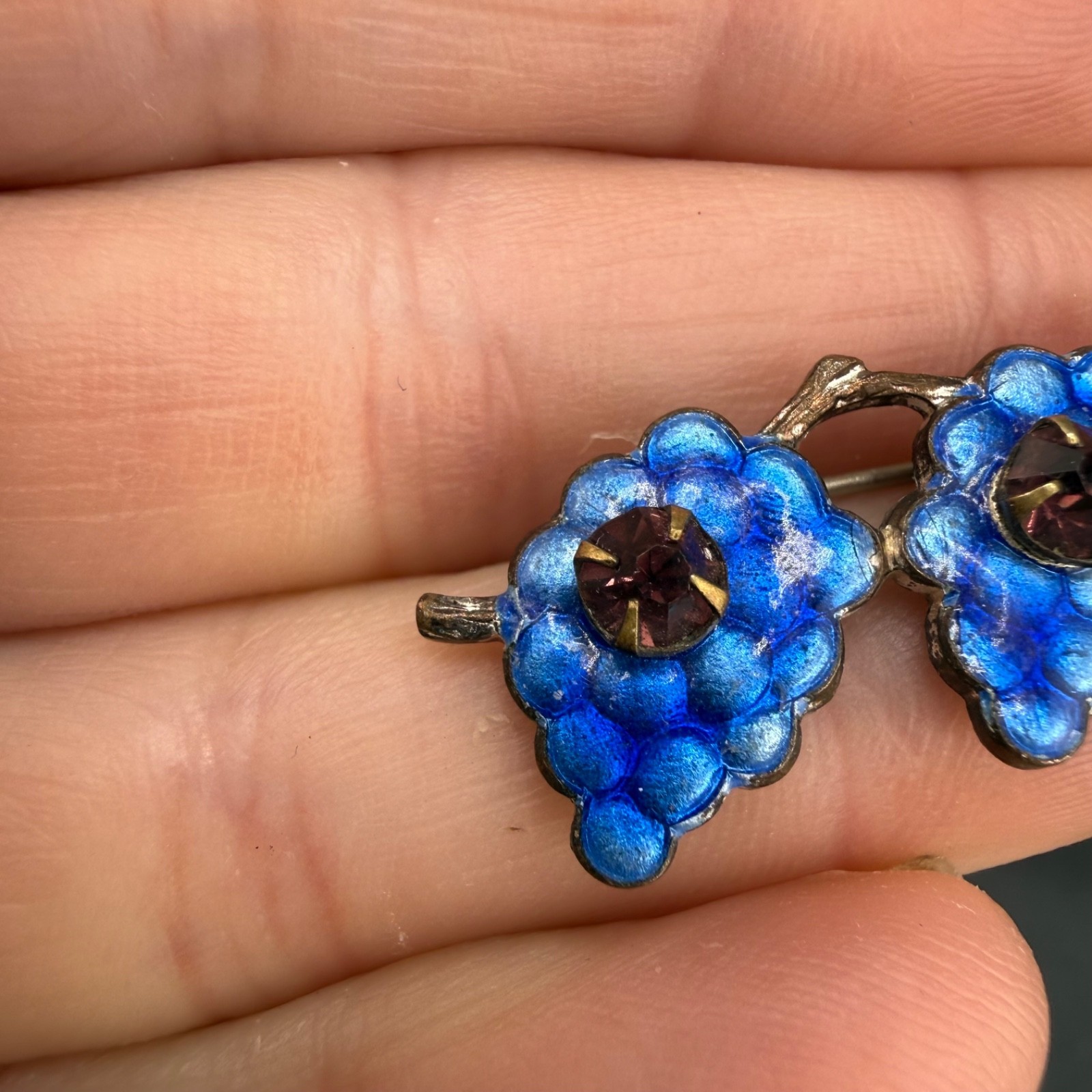 Vintage Enamel Rhinestone Brooch Silver Tone Grapes