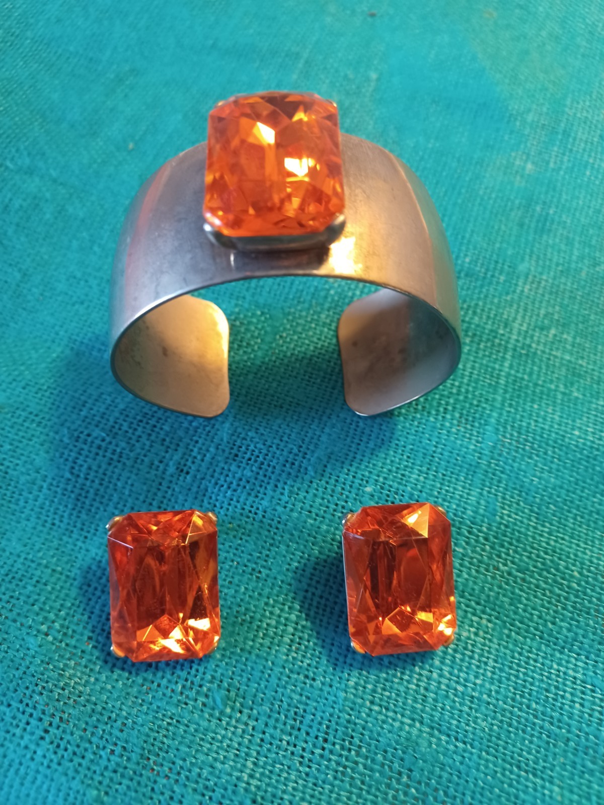 VTG Modernist Silver-Tone Cuff Bracelet & Earrings Set Orange Gemstone Clip-Ons