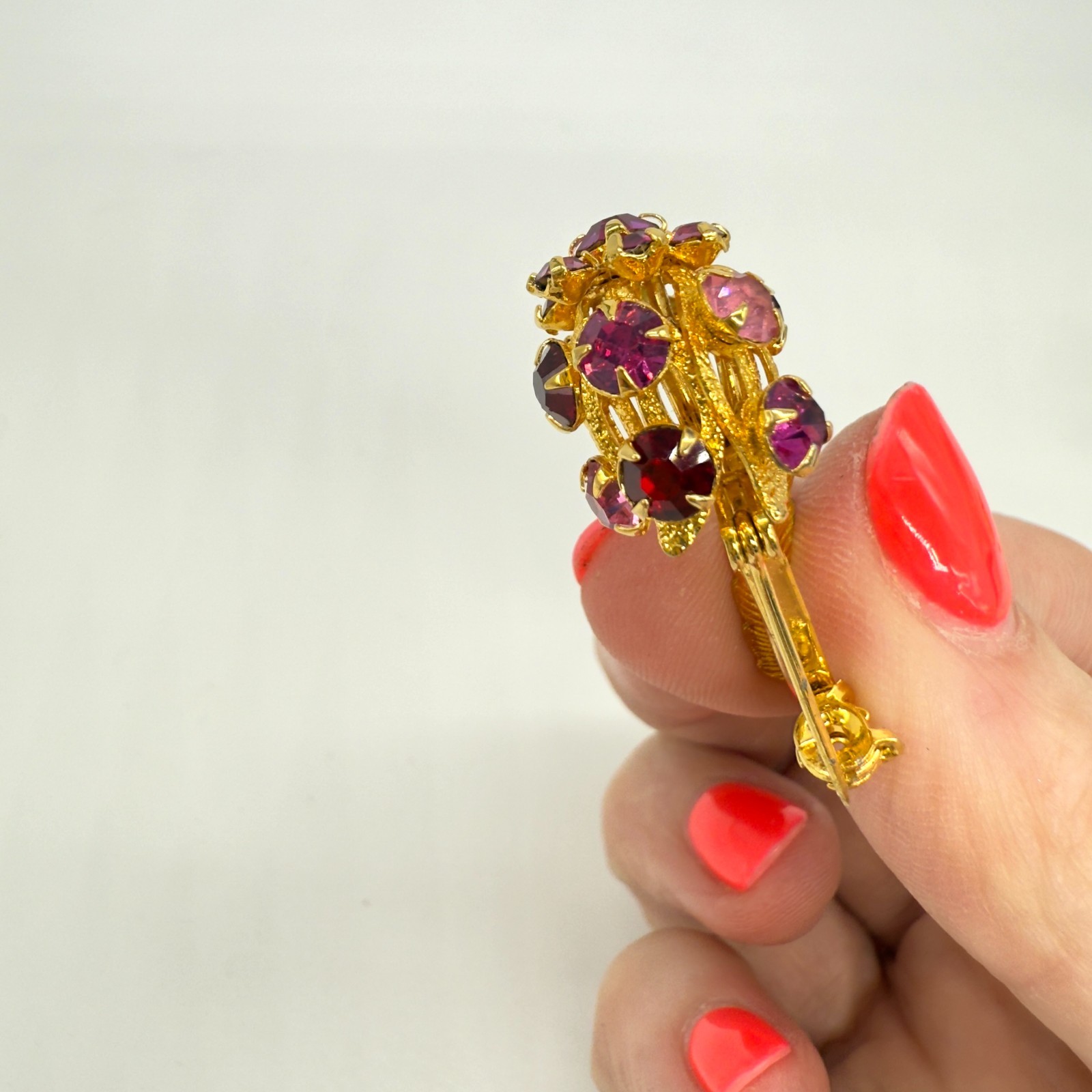 Vintage Flower Brooch and Earring Set Pink Red Rhinestones Gold Tone Clip Ons