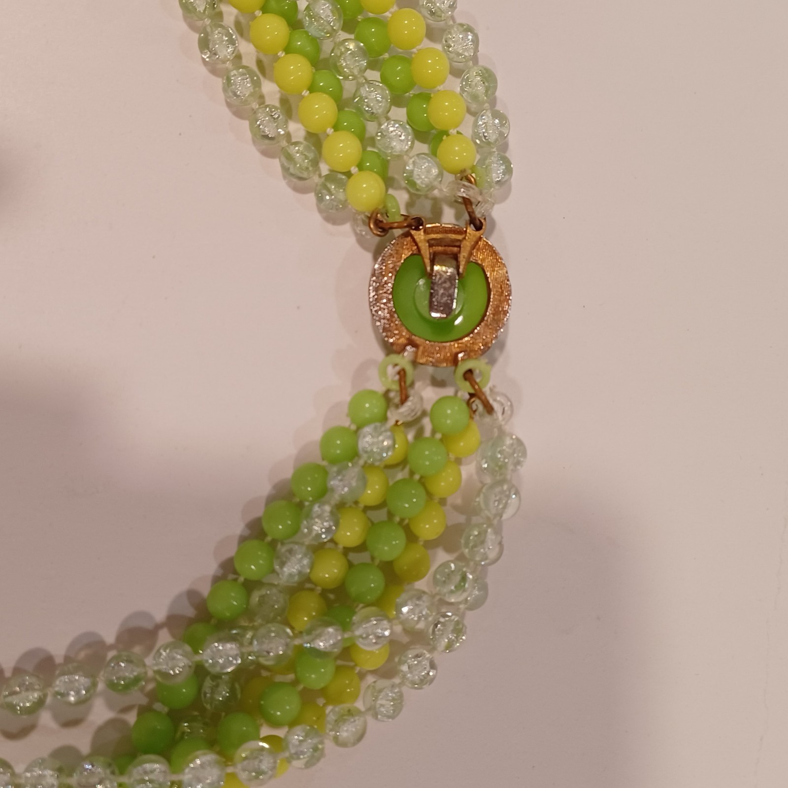 Vintage Multi Strand Lime Green Yellow And Clear Acrylic Beaded Necklace
