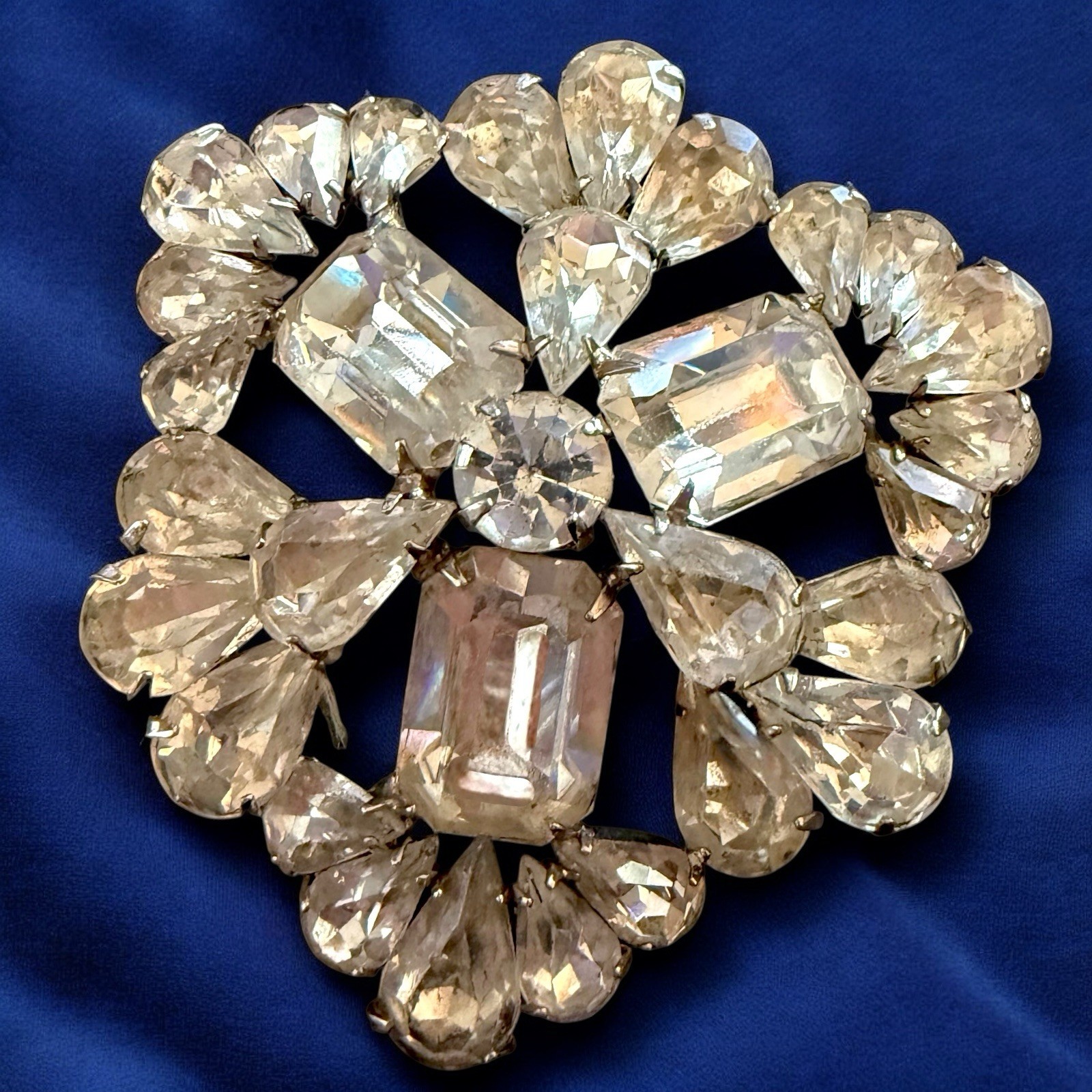 Extra Large Rhinestone Brooch Pin Mid Century Floral Spray Clear Rhodium Plated
