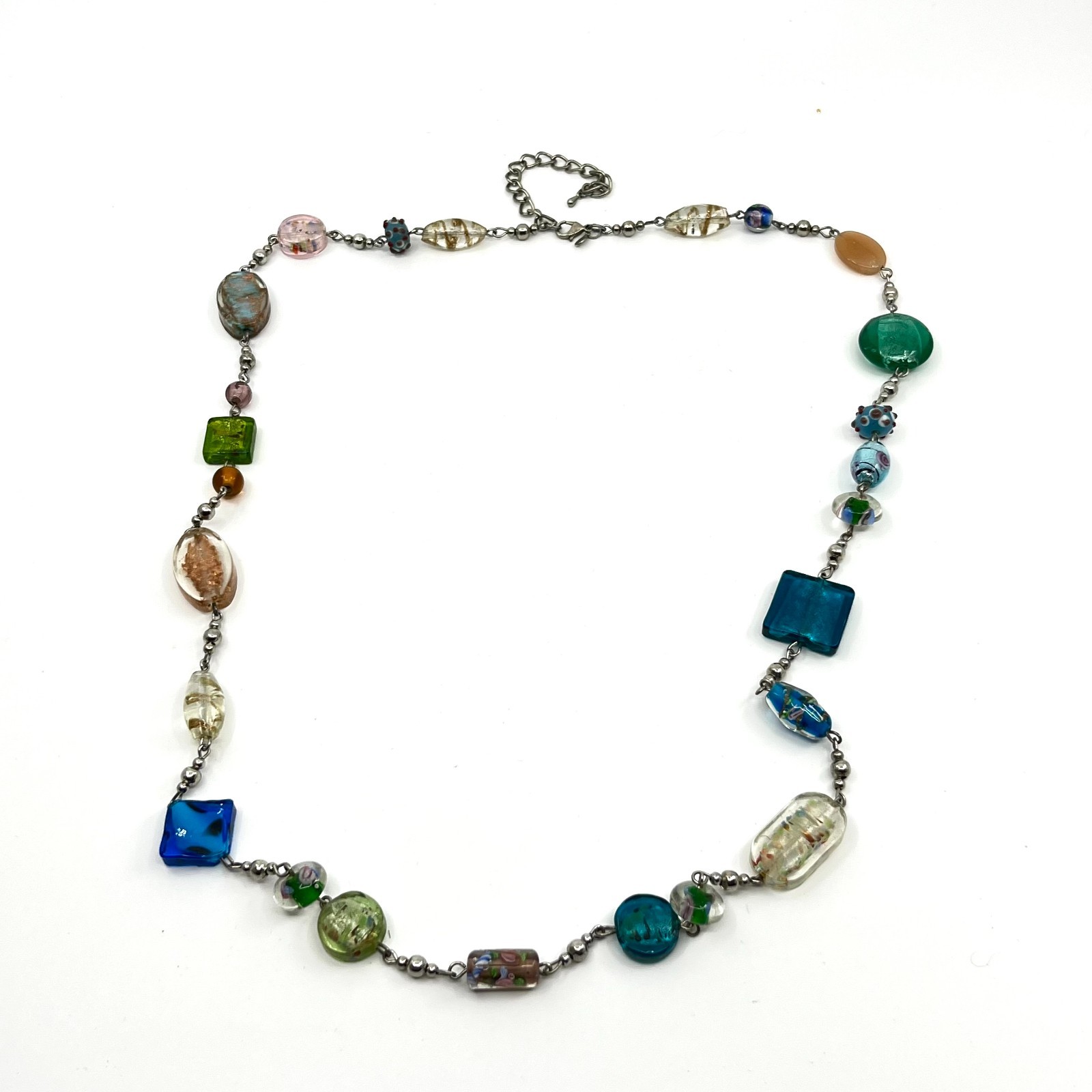 Vintage Boho Art Glass Bead Station Necklace Multi-Color Eclectic Retro Style