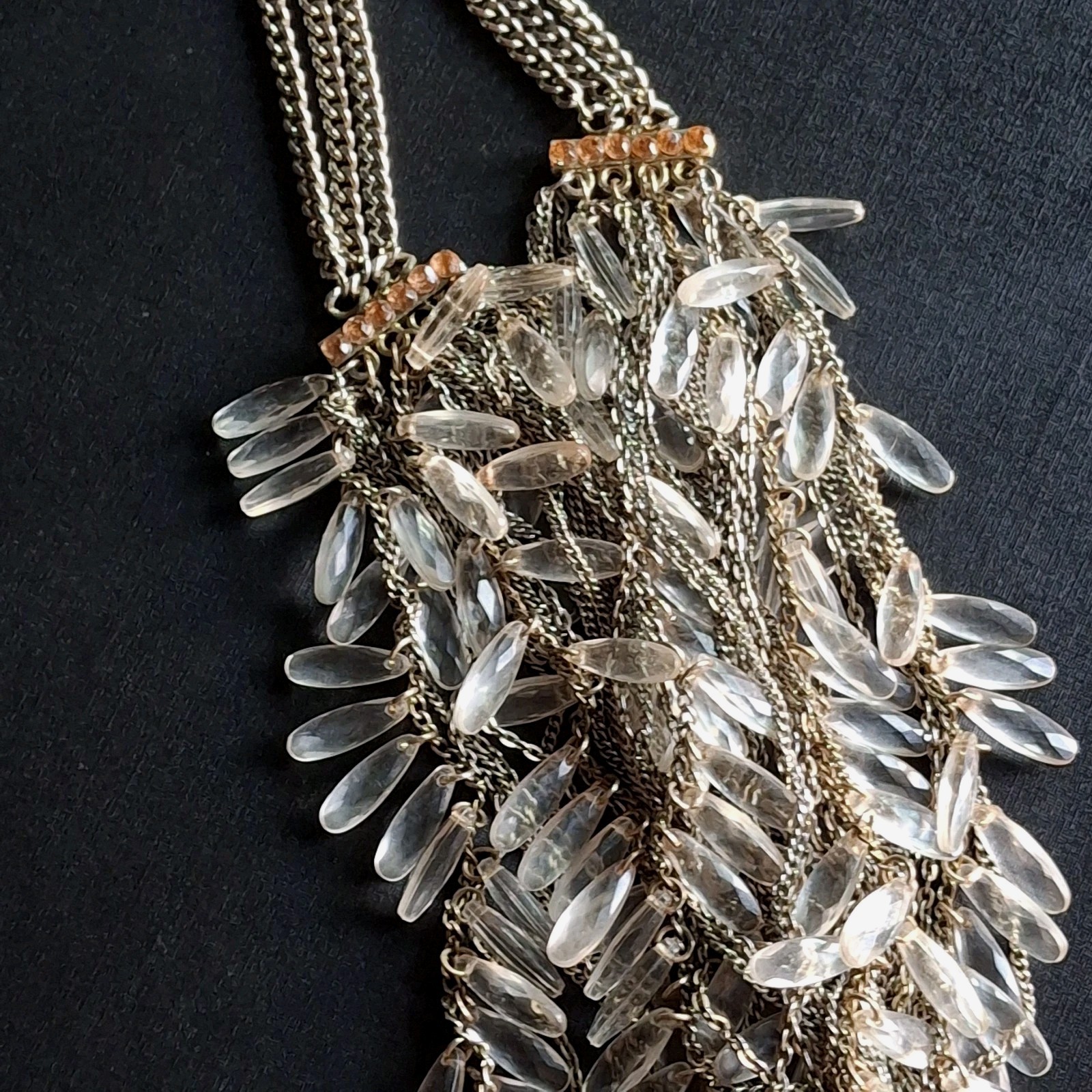VTG Statement Bib Necklace Multi-Strand Fringe Featuring Clear Lucite Teardrops