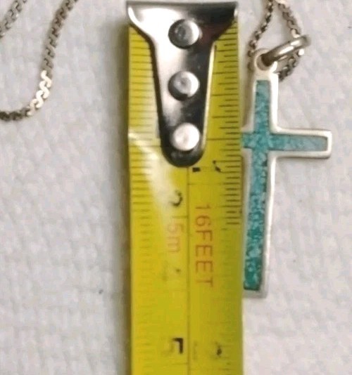 Vintage Estate 925 Sterling Silver Mexico Turquoise Cross Religious Pendant 18″
