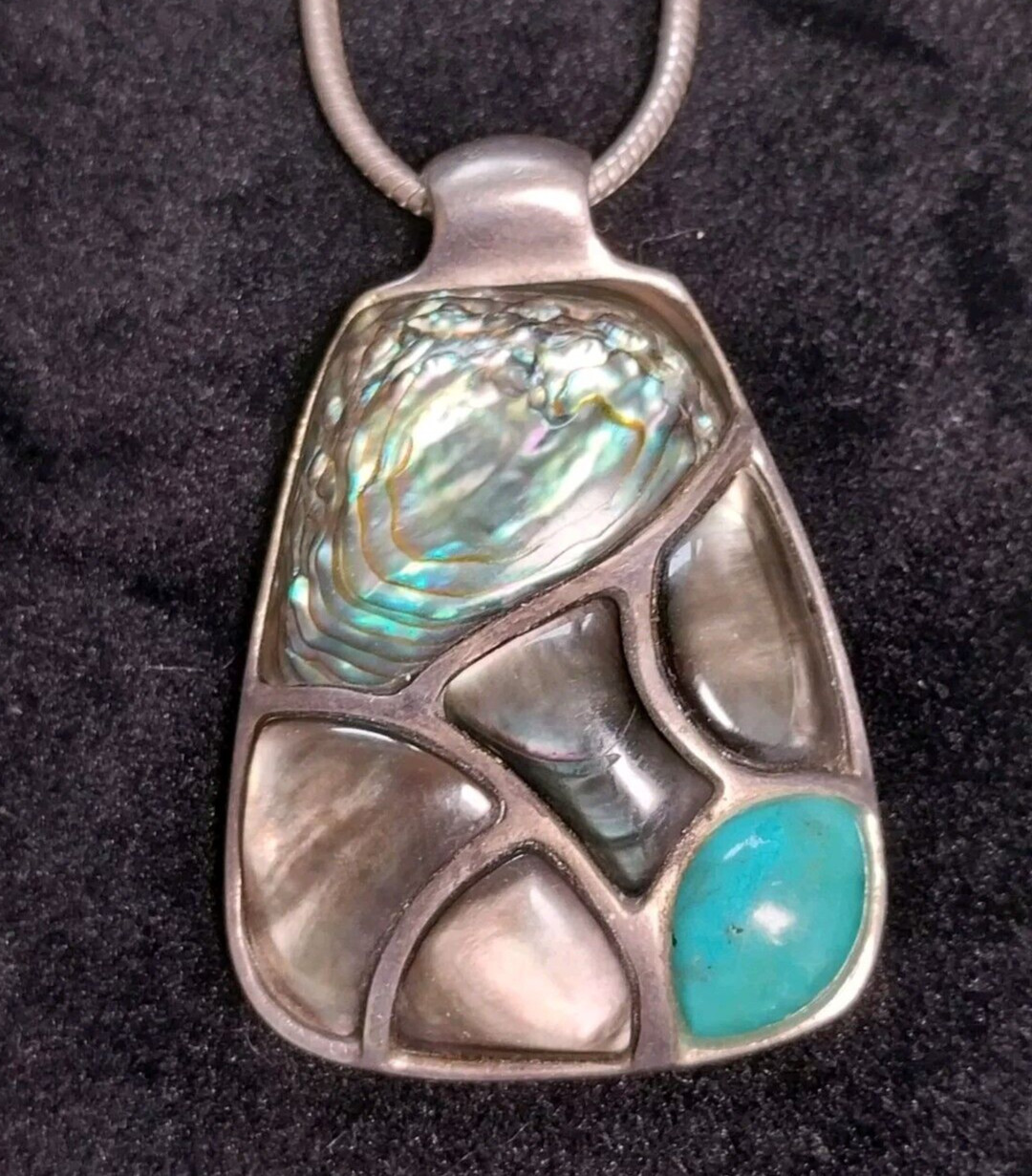 Vintage Abalone Shell Paua & Turquoise Abstract Cluster Pendant & Chain Necklace
