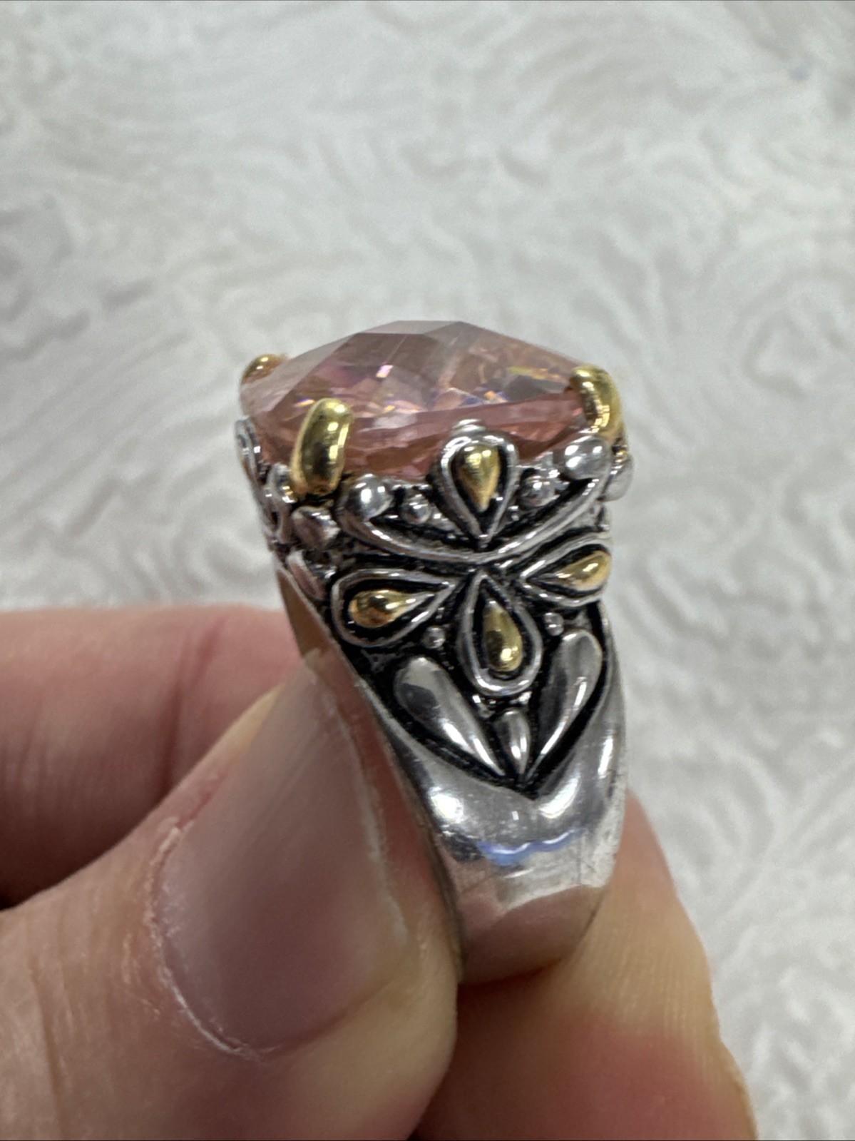 Vintage 18K GE Two Tone Large Faceted Cushion-Cut Pink Cubic Zirconia Ring 10.25