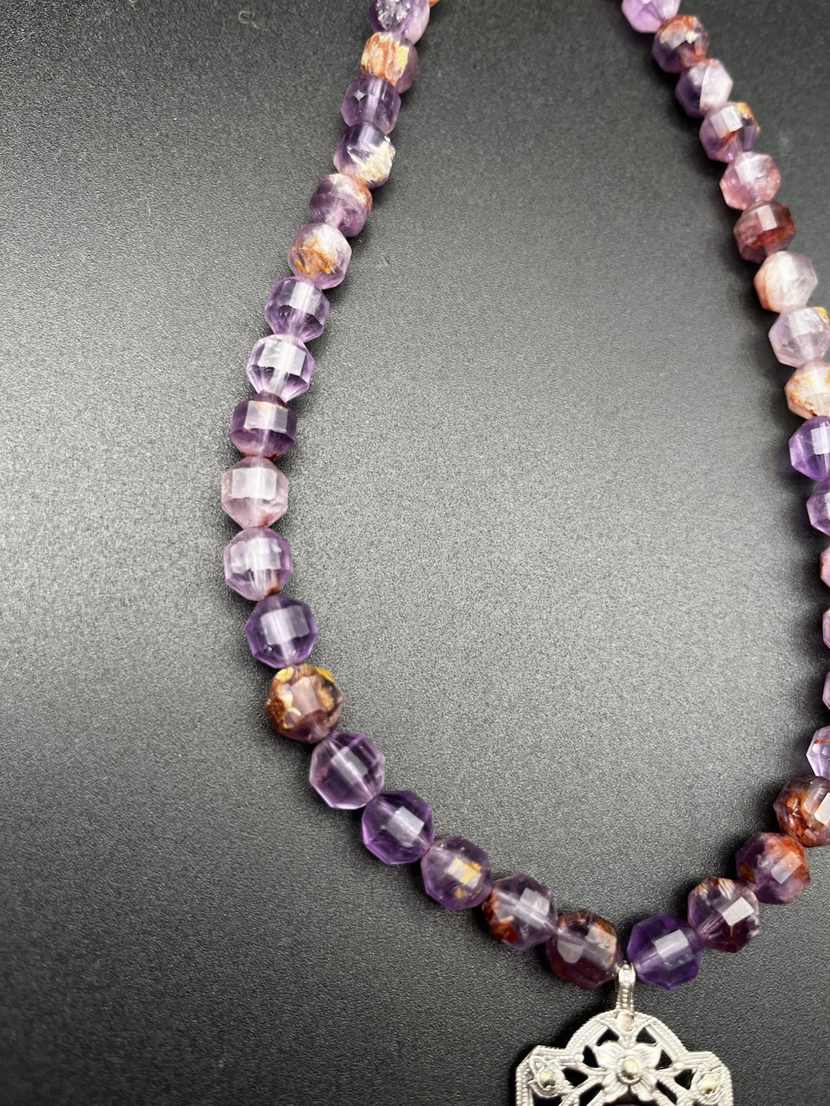 Vintage Sterling Silver Amethyst Art Nouveau Style Pendant On Super Seven Beads