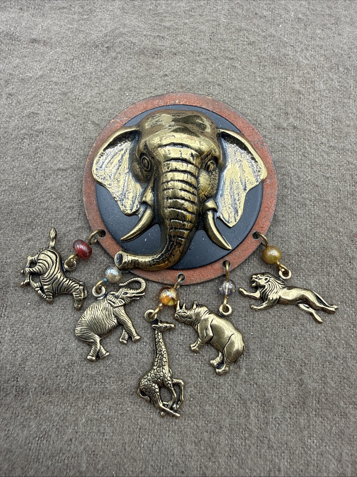 Vintage Safari Pin Gold Tone Dangle Animal Charms Brooch Pin