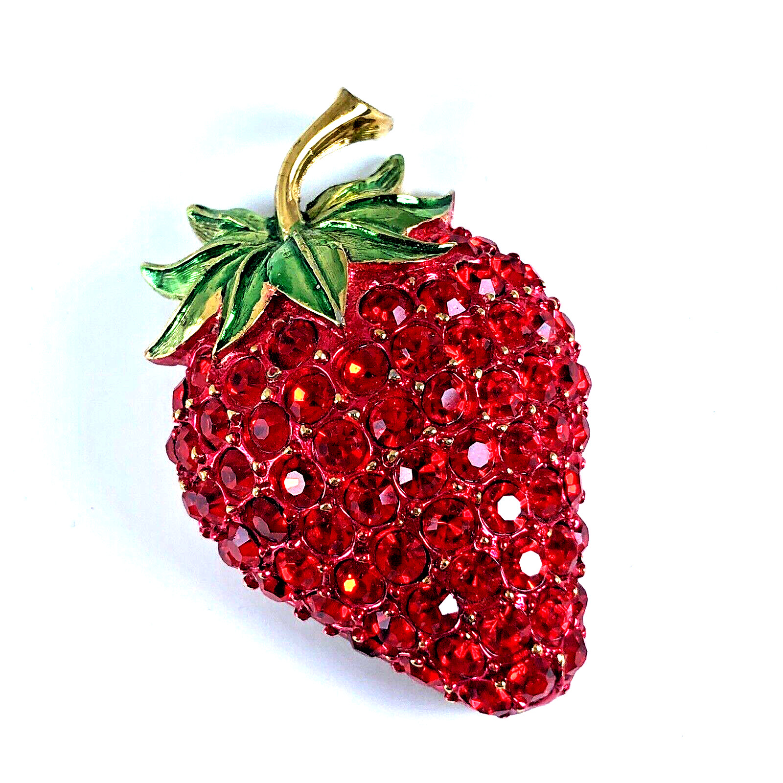 Red Crystal Strawberry Brooch Pin Signed Revere Green Enamel Gold Tone 2″