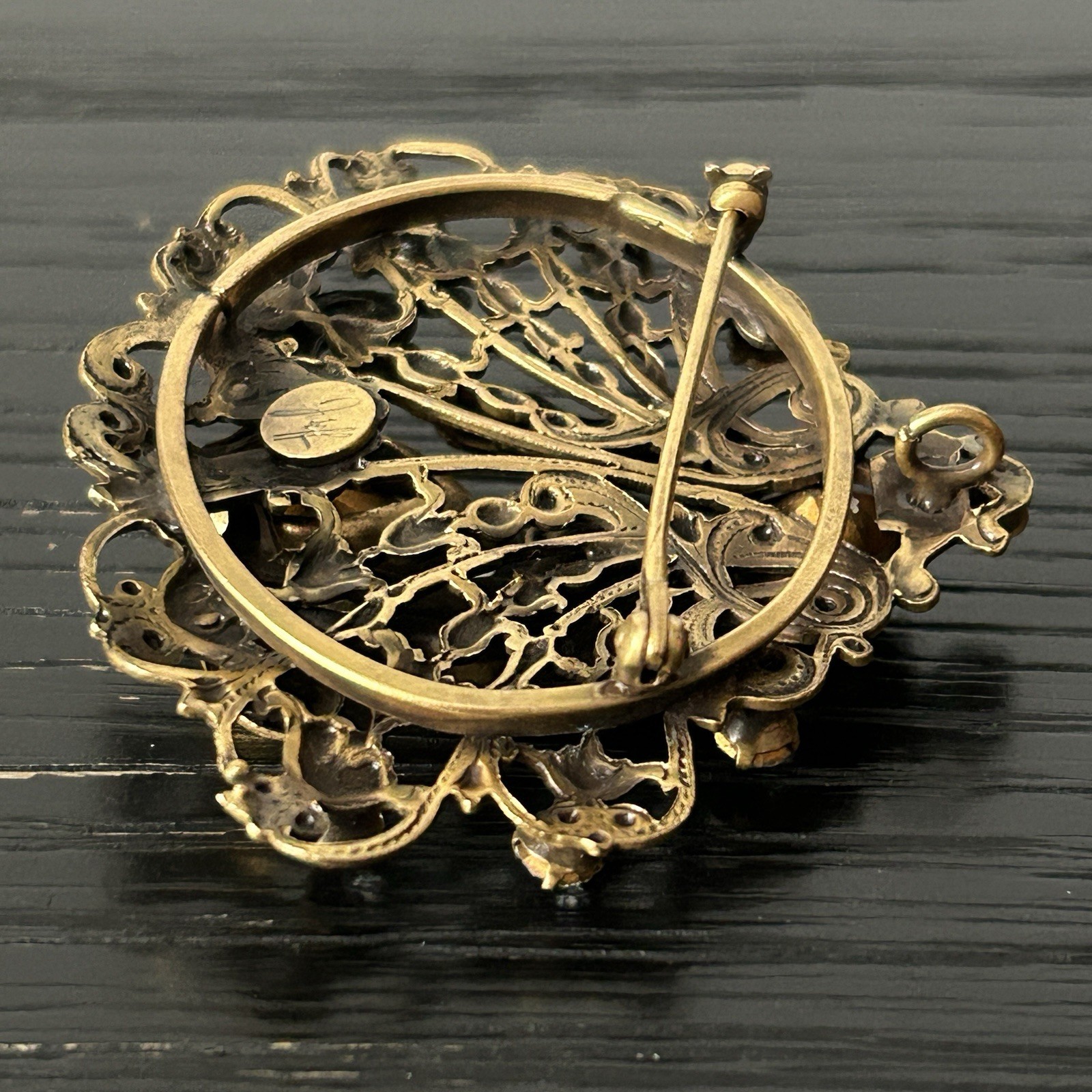 VTG Joseff of Hollywood Brooch/Pendant Gilt Brass Dangling Rhinestone Cherubs