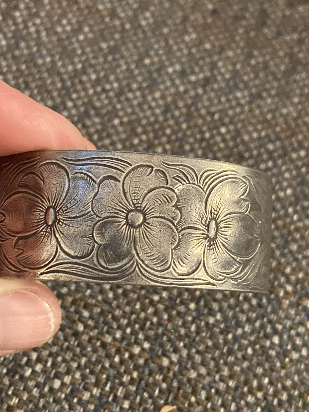 Vintage Salisbury Pewter Cuff Bracelet Engraved Flowers birth month “July”