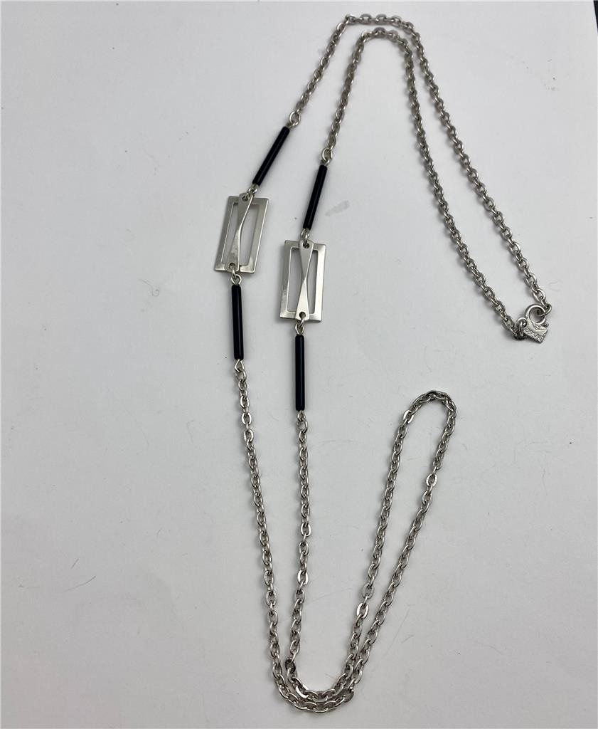 1960’s EMMONS Silver Tone Chain Black Bar Stations & Rectangular Links 36″ Long