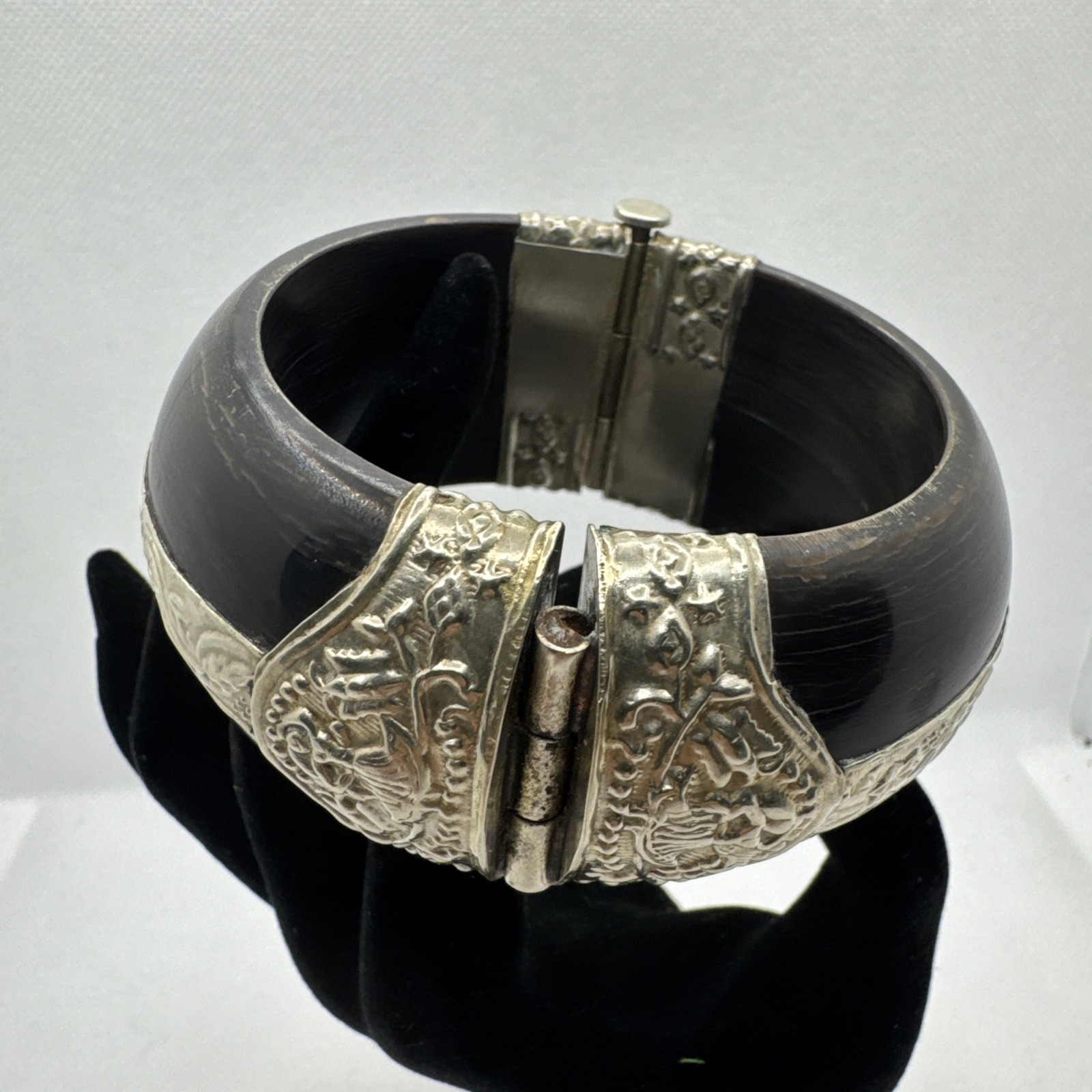 VTG Bone Black Bangle Bracelet with Silver Tone Findings and Trumpet Pin Closure