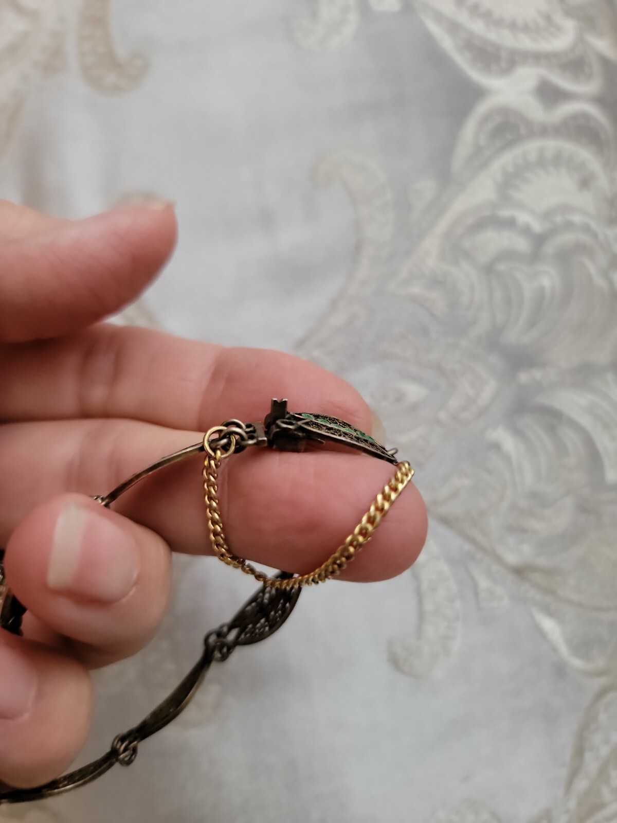 Vintage Cannetille & Green Enamel Bracelet, 6″ 800 Silver