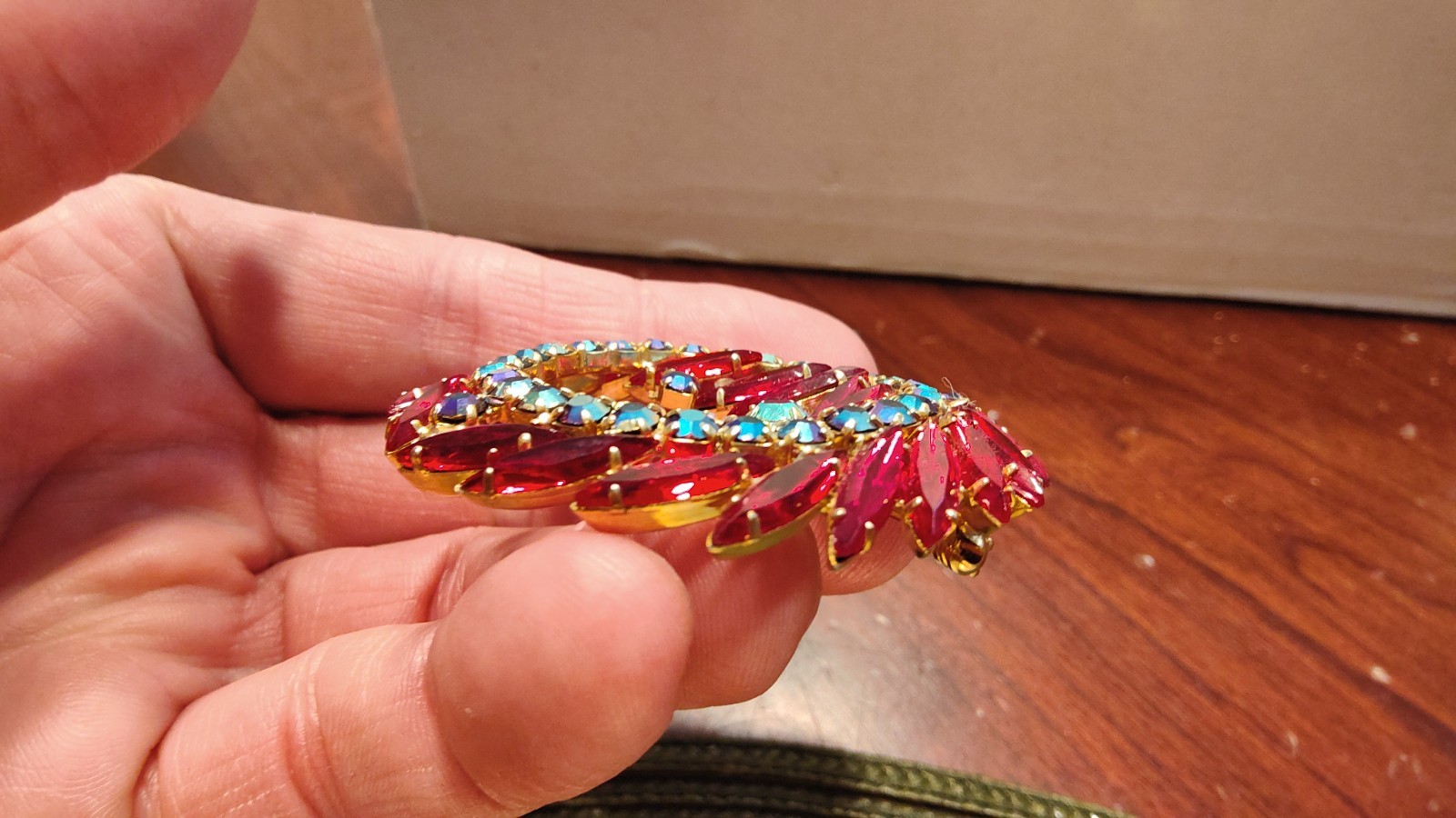 Vintage Red & Iridescent Rhinestone 2 1/4″ Round Brooch