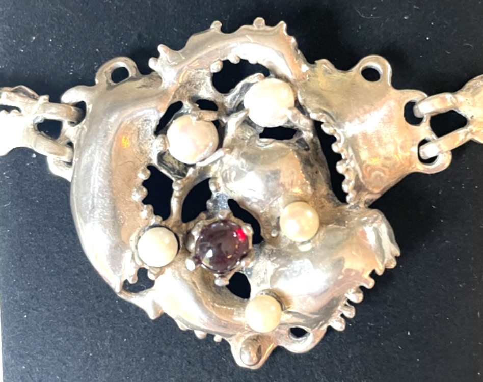 Vintage Brutalist Sterling Silver Necklace Pearl Garnet Organic Modernist 49g