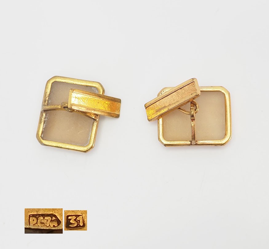 Vintage retro gold tone metal and agate gemstone rectangular cufflinks Russia