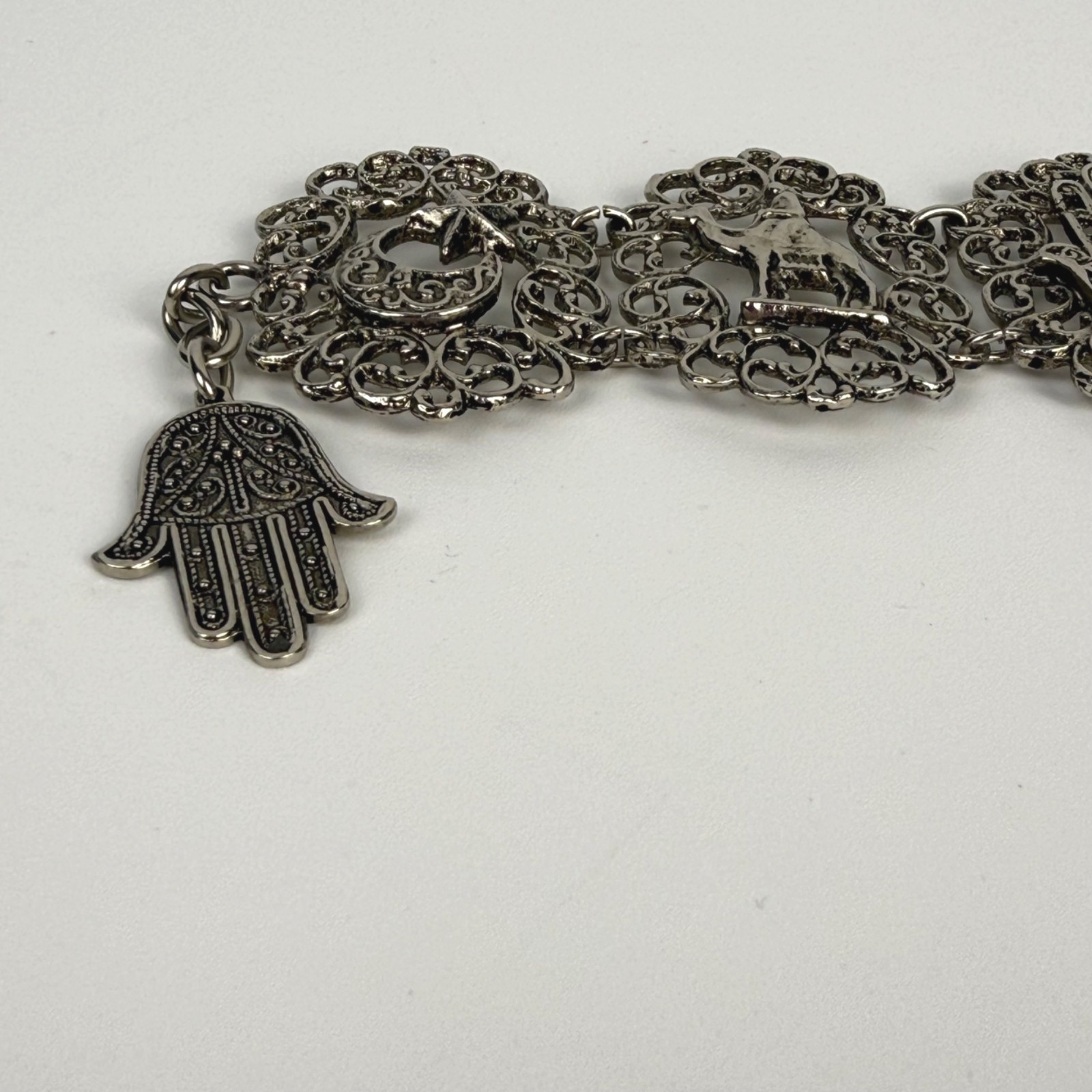 Vintage Silver-Tone Filigree Panel Bracelet De Maroc Morocco Boho Souvenir