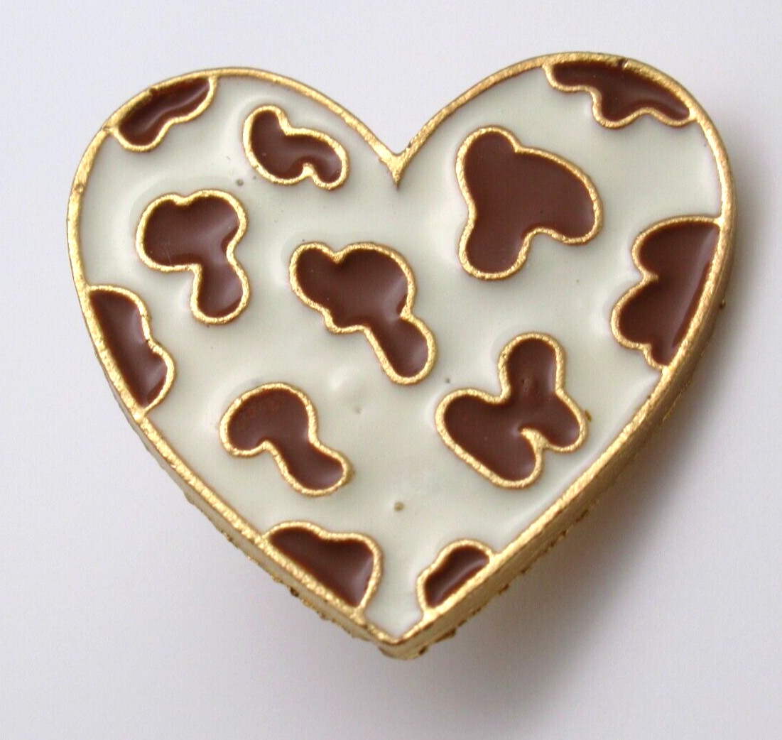 Cow Print Heart Lapel Pin Gold Tone Border Country Western Aesthetic