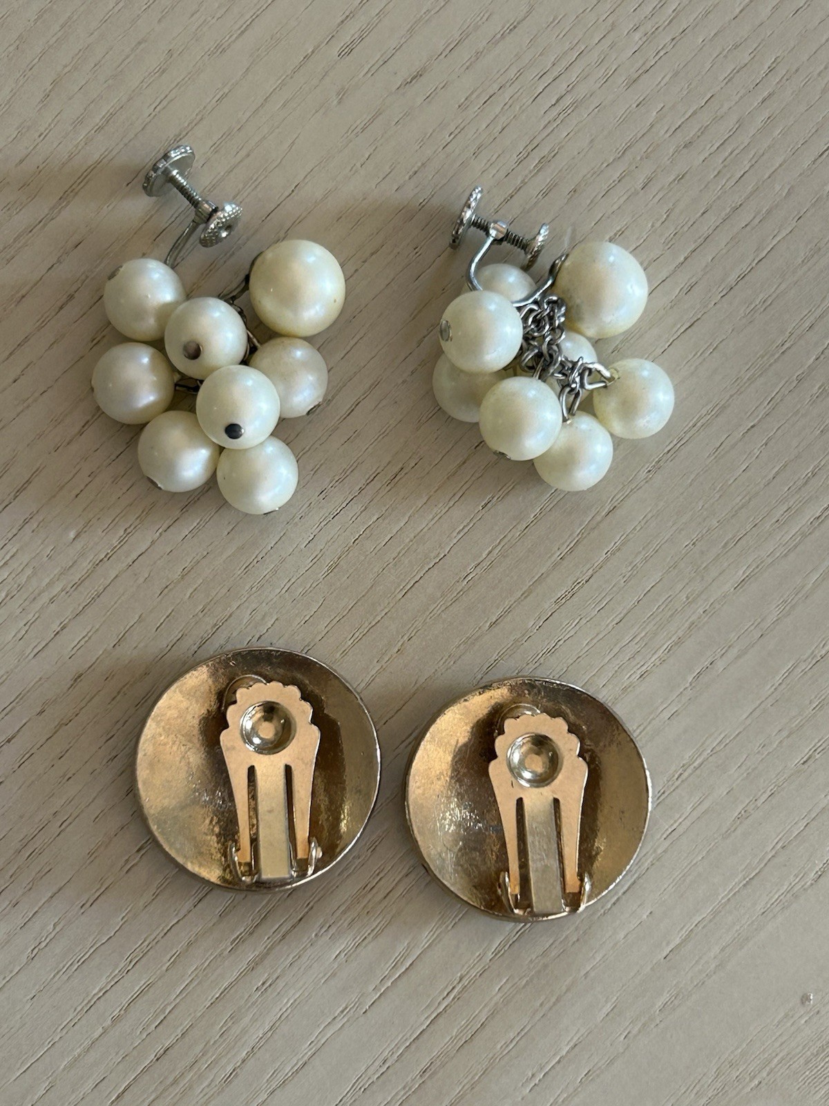 Vintage Silver Tone Clip On Earrings Lot Of 2 Medallion And Pearl Drop 1″