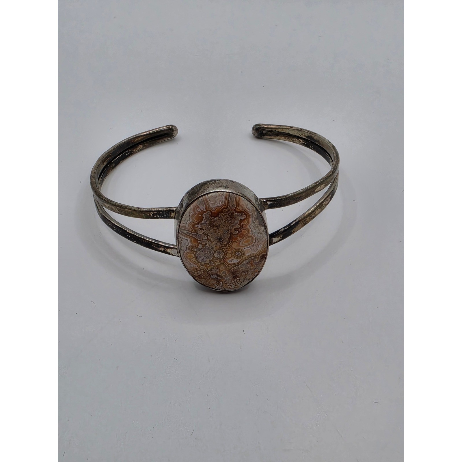 Vintage Crazy Lace Agate Split Shank Cuff Bracelet Silver Tone Earthy Boho Stone