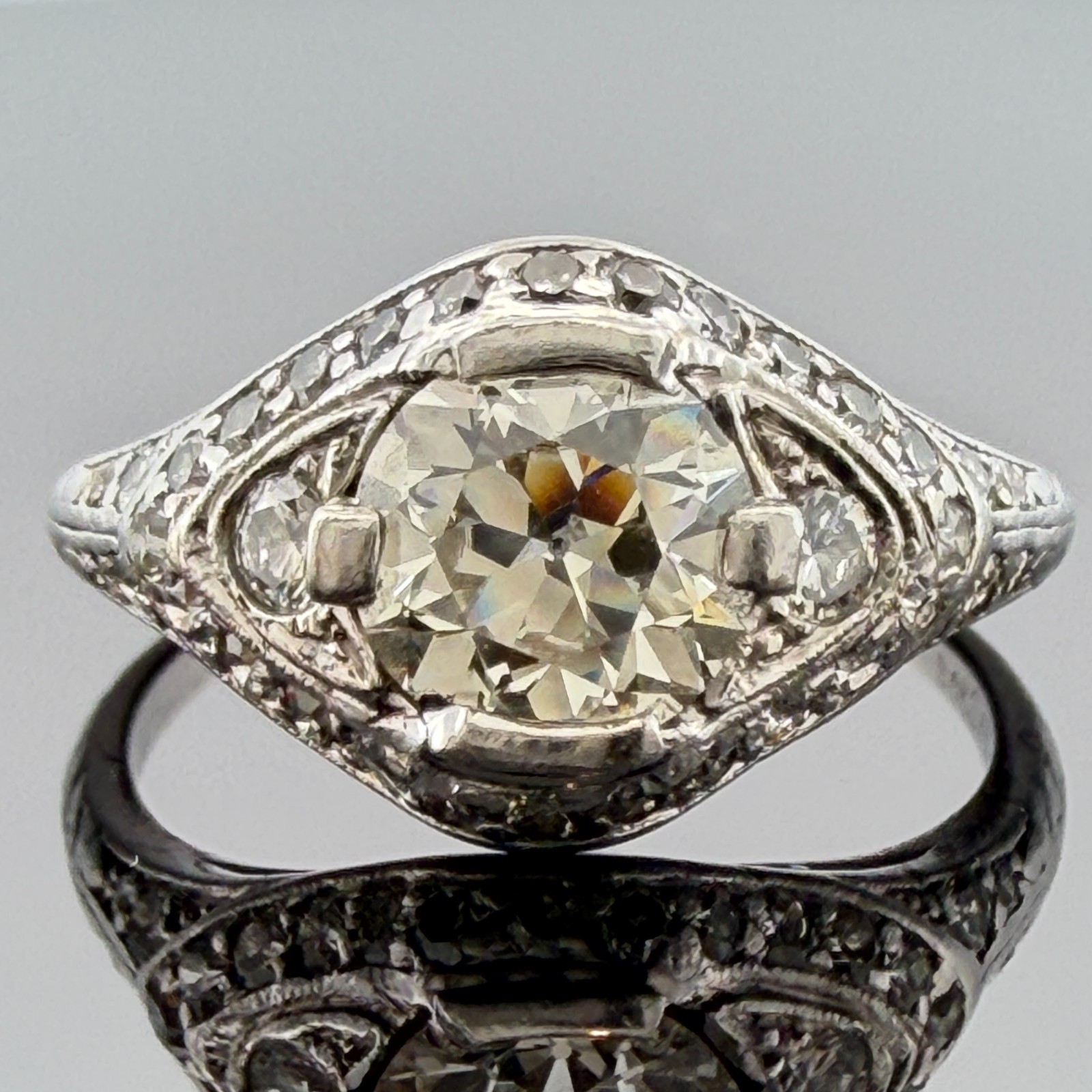 Art Deco Style Platinum Old European Cut Diamond Ring SI1 J Size 5.25