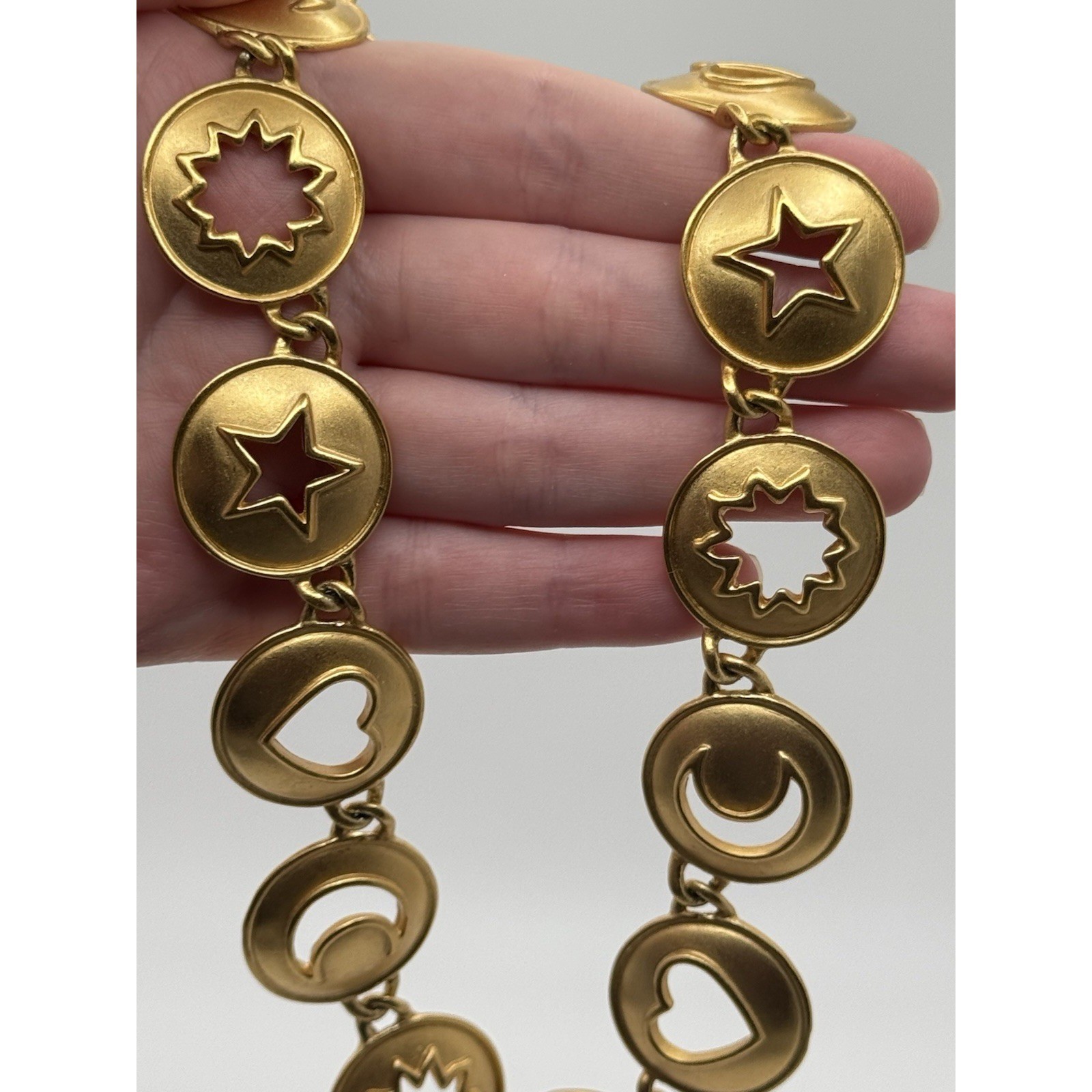 Vintage Anne Klein Necklace Matte Gold Tone Heart Star Moon Cut Out Round Link