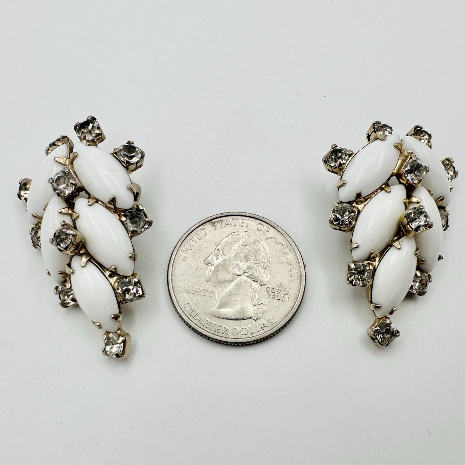 Vintage White Milk Glass Navette Rhinestones Fanned Leaf Clip Earrings Gold Tone