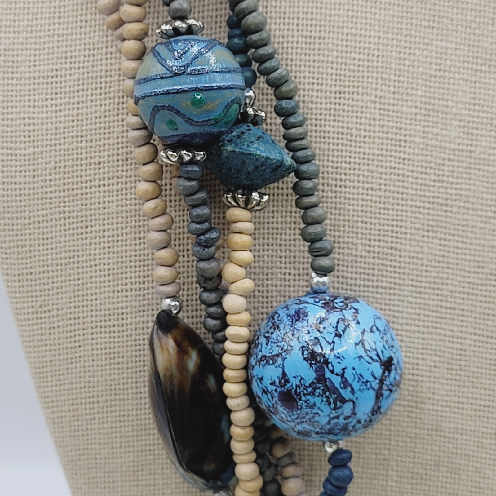 Peacock Blues Silver Tone Multi Strand Unique Bead Styles Vintage Necklace 24 In