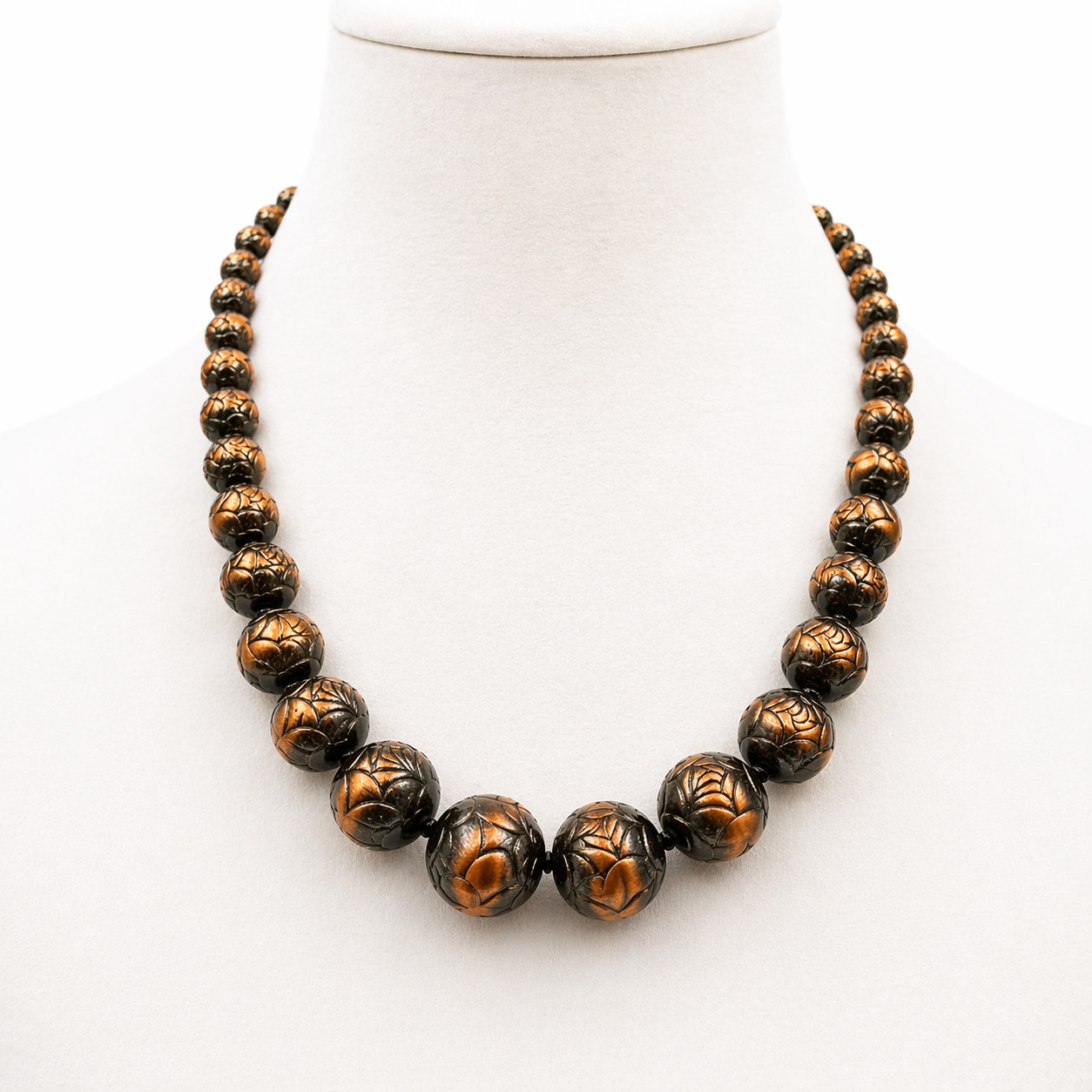 Vintage Brass Carved Bead Necklace Chunky Boho Statement Copper Tone 22″
