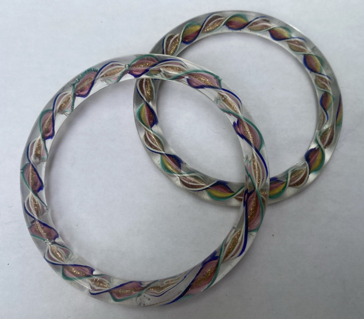 Vintage Murano Art Glass Rainbow Swirl Ribbon Bangle Bracelet Pair Small and Med