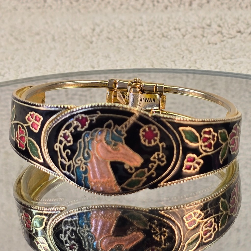 ESTATE VINTAGE CLOISONNE ENAMEL UNICORN FLORAL HINGED BRACELET