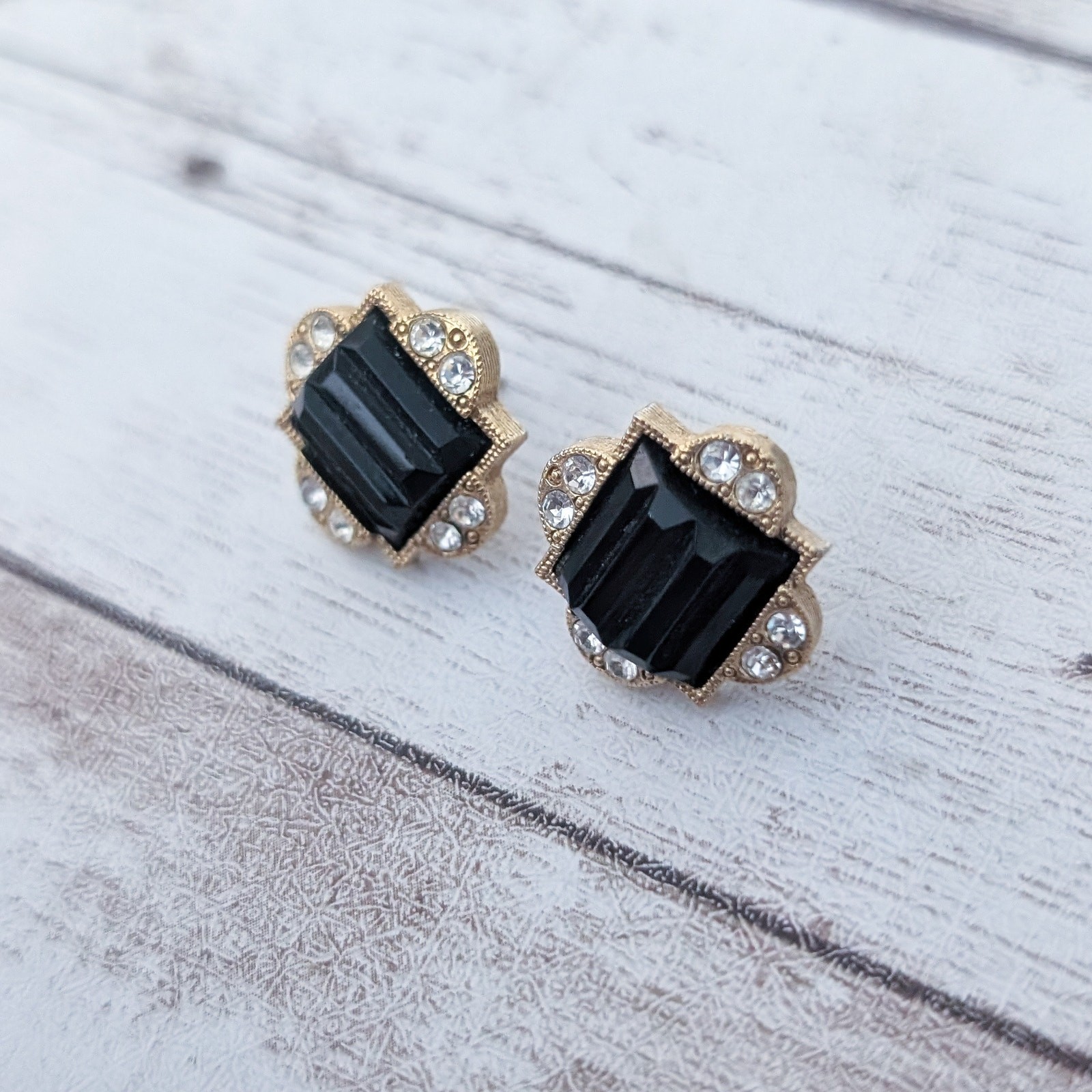 Vintage Earrings for Pierced Ears Dainty Black, Clear Gem, Gold Tone