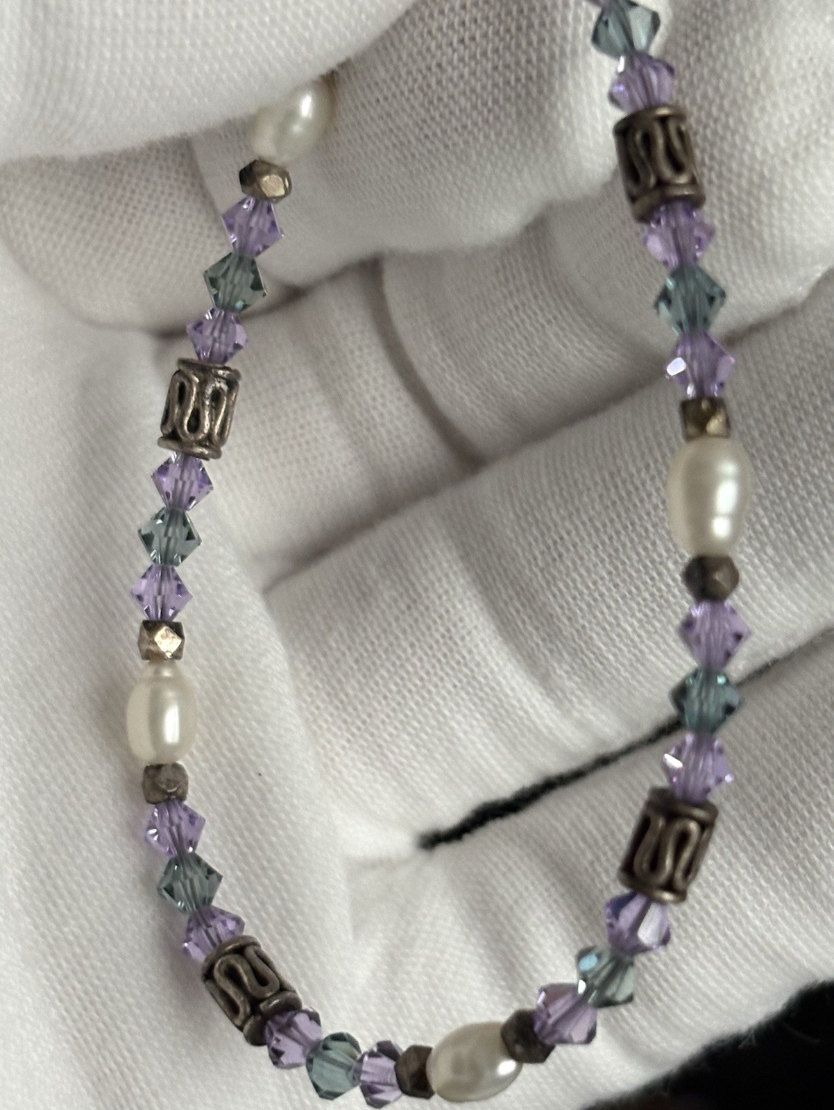 Vintage 925 Sterling Silver Teal and Purple Crystal, Pearl, Bead 7.25” Bracelet