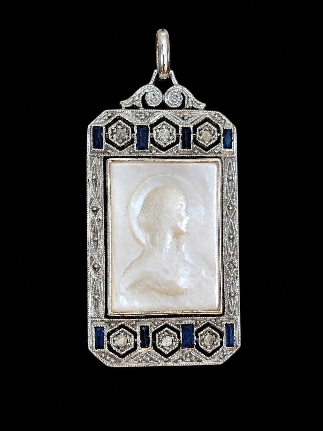 Antique Art Deco 18K Gold Religious Virgin Mary Pendant Diamonds Sapphires