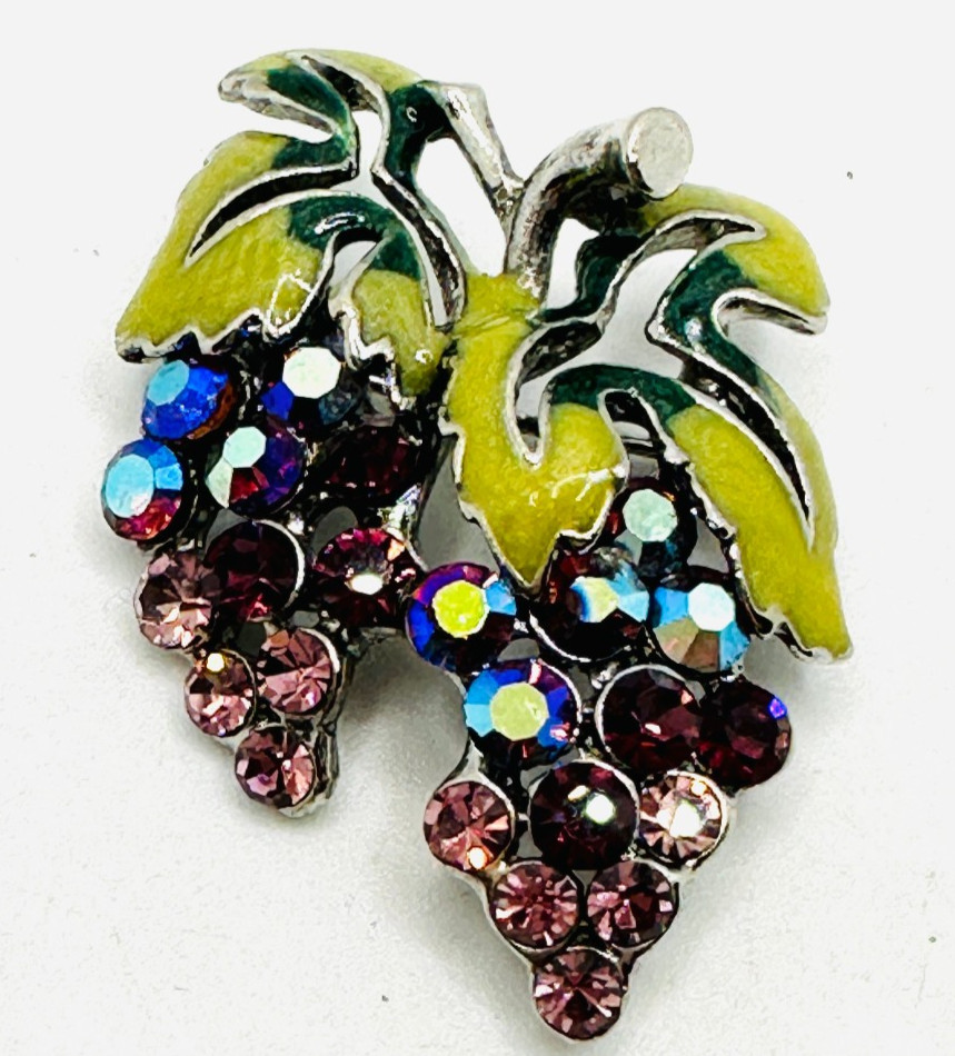 Gorgeous Glittering Vtg AB Purple Rhinestone Enamel Grape Cluster Brooch