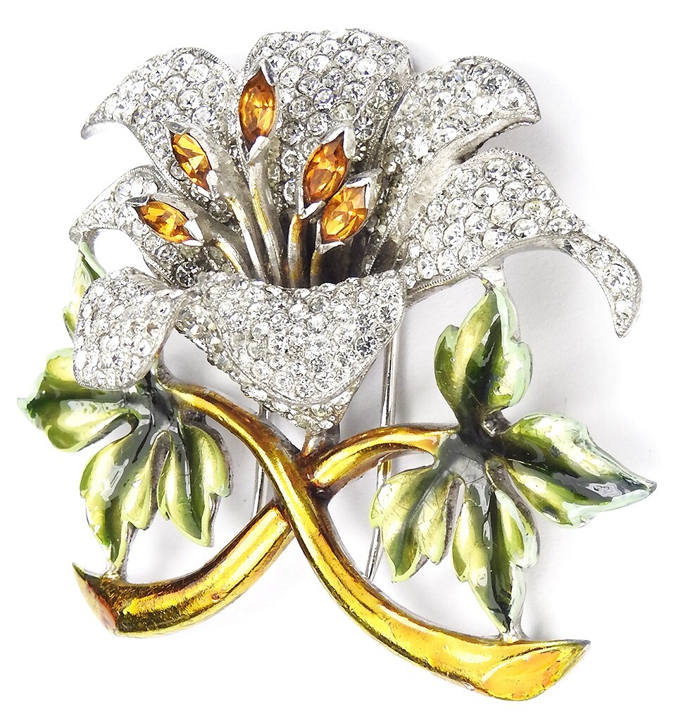Dujay Pave and Metallic Enamel Orchid with Topaz Stamens Flower Pin Clip