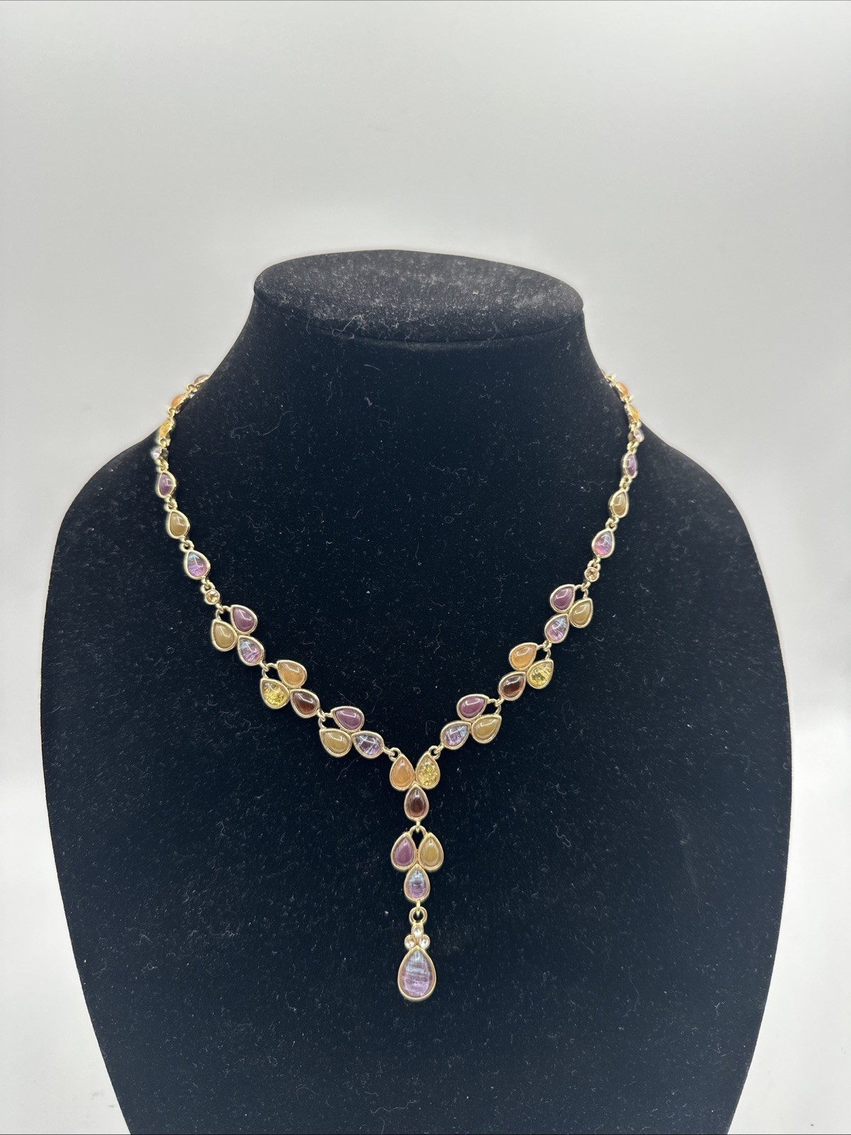 Faux Gemstone Glass Cabochon Lavaliere Necklace Purple Gold Vintage Jewelry 18in