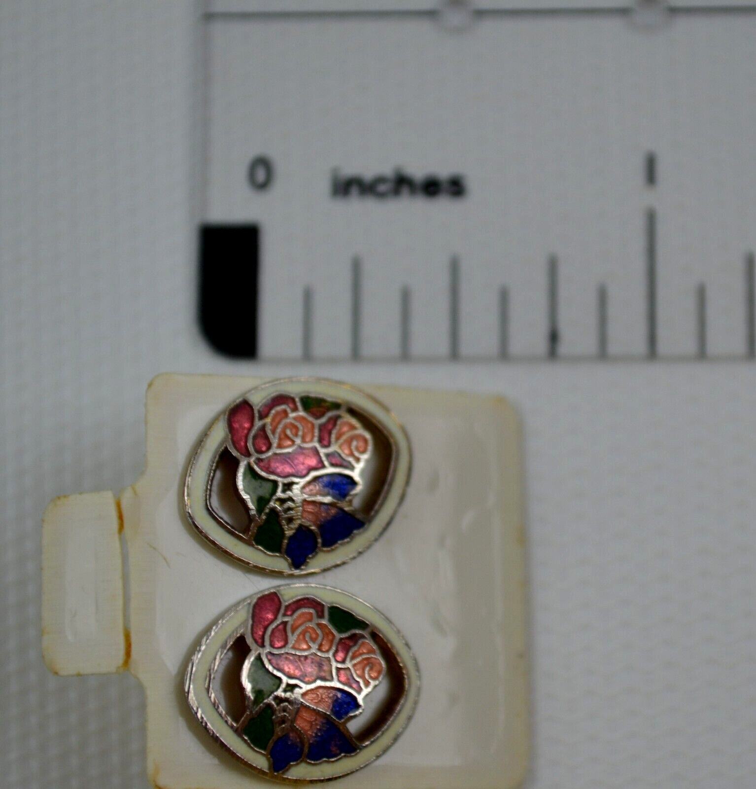 New Vtg Enamel Coated Pierce Post Earrings Pink Flower & Blue Butterfly 1/2 inch