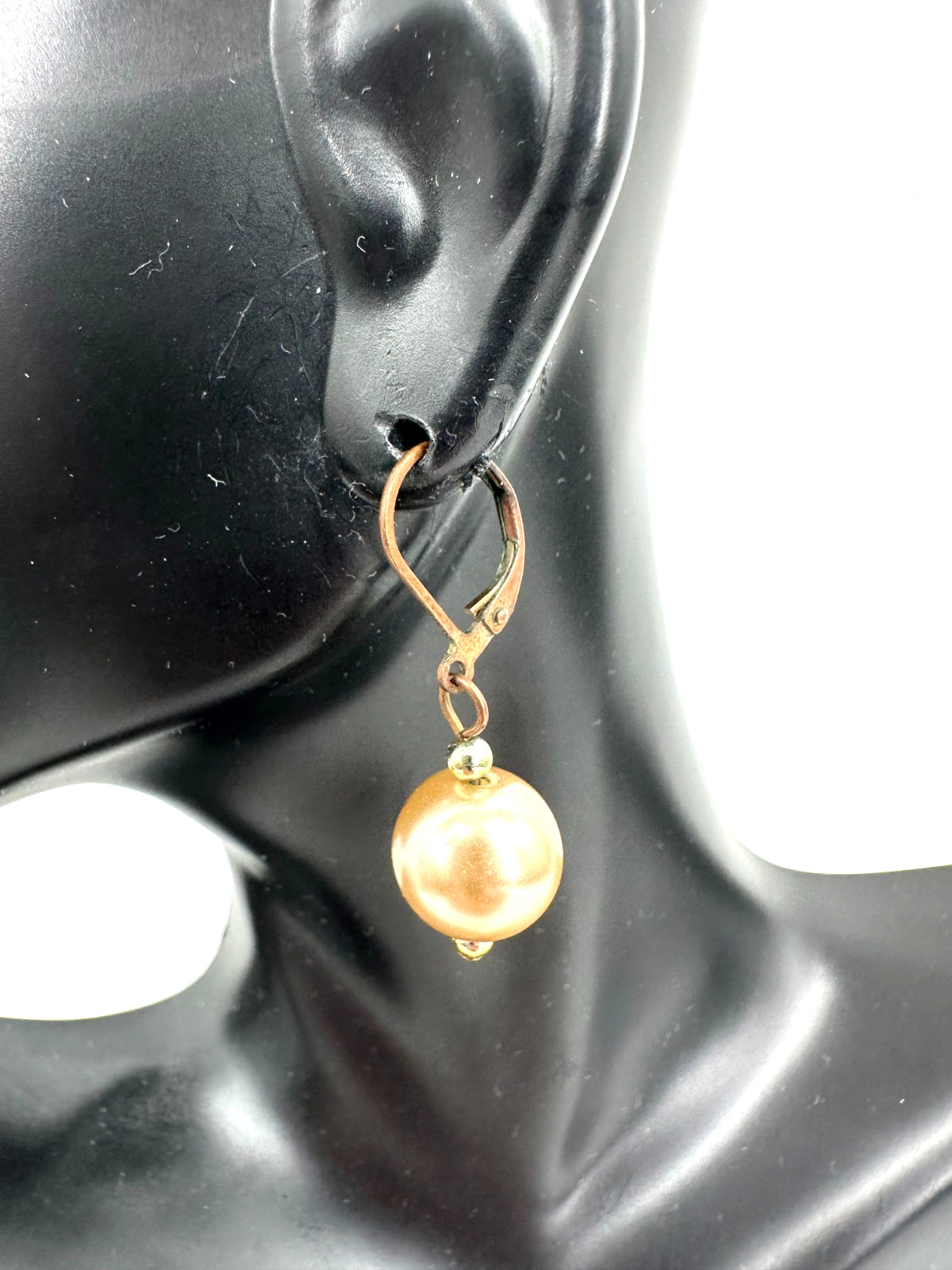 Vintage Brass Tone Faux Pearl Drop Earrings Leverback Classic Elegant Dangle