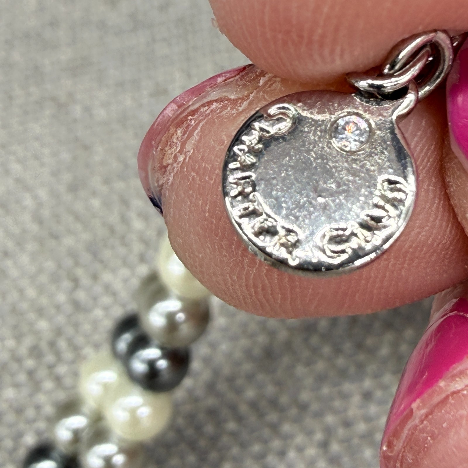 Vintage Coldwater Creek Necklace Gray Imitation Pearl Clear Rhinestone Drop
