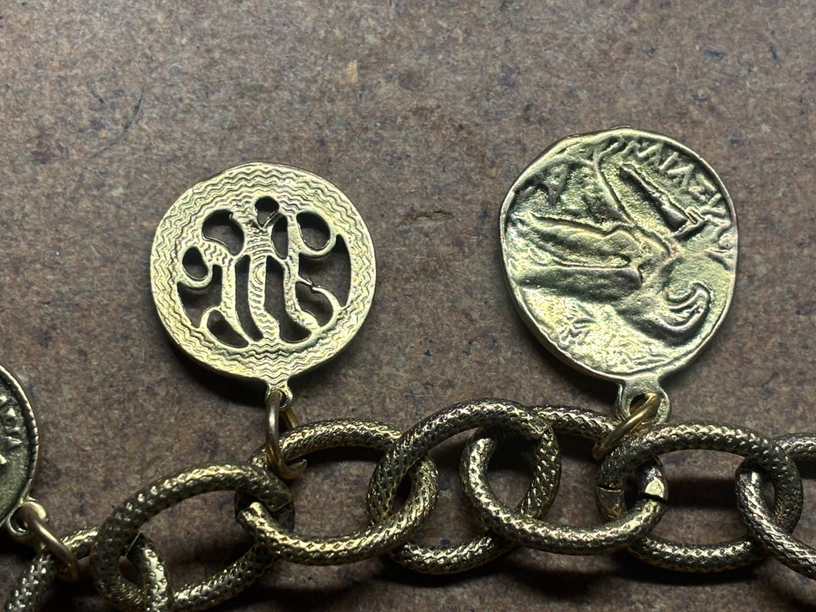 Vintage YOCHI NY Multi Chain Link GREEN ROMAN BRITISH SWISS GOLD COIN Bracelet
