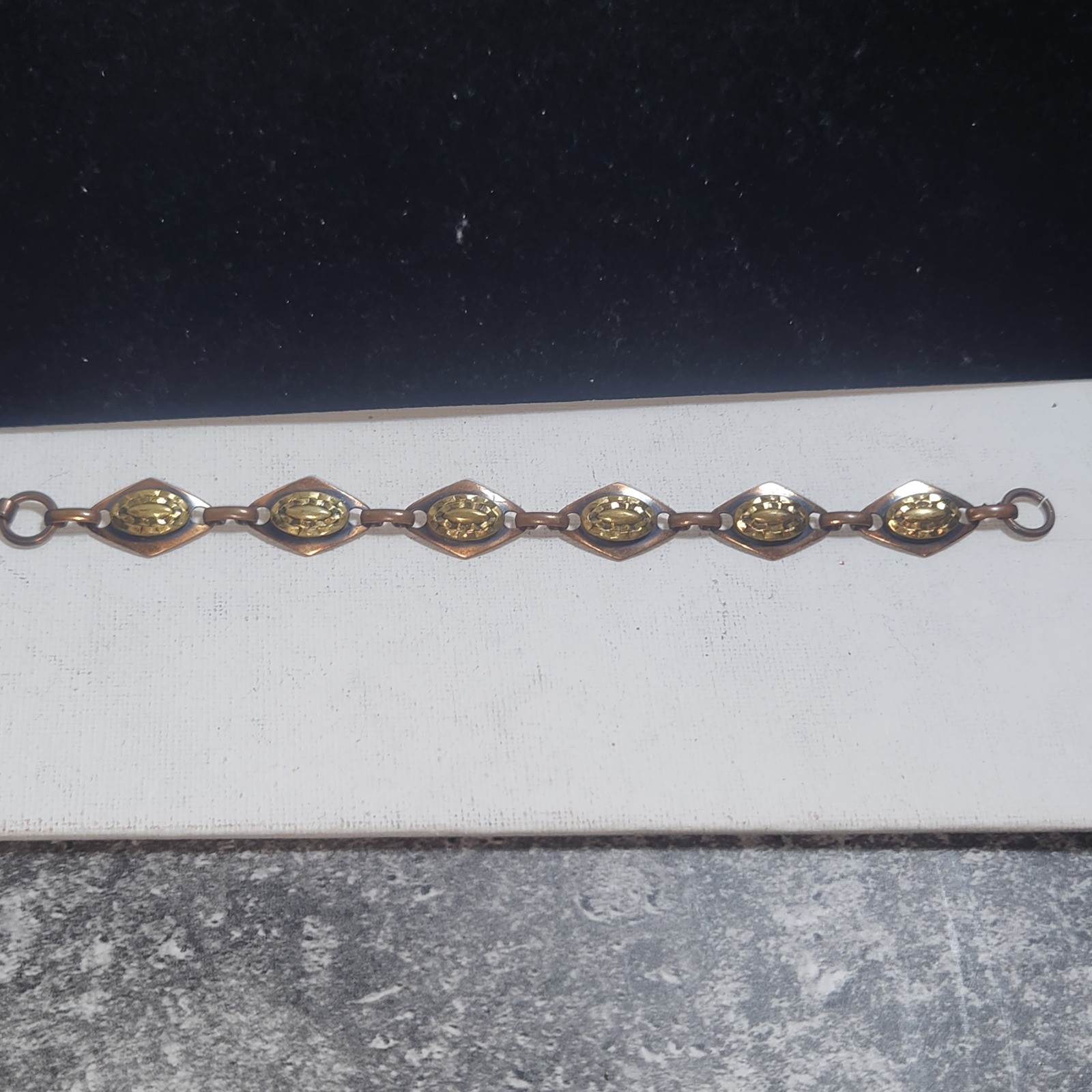 Vintage Copper Diamond Link Bracelet Textured Gold Tone Oval Accents Boho Retro