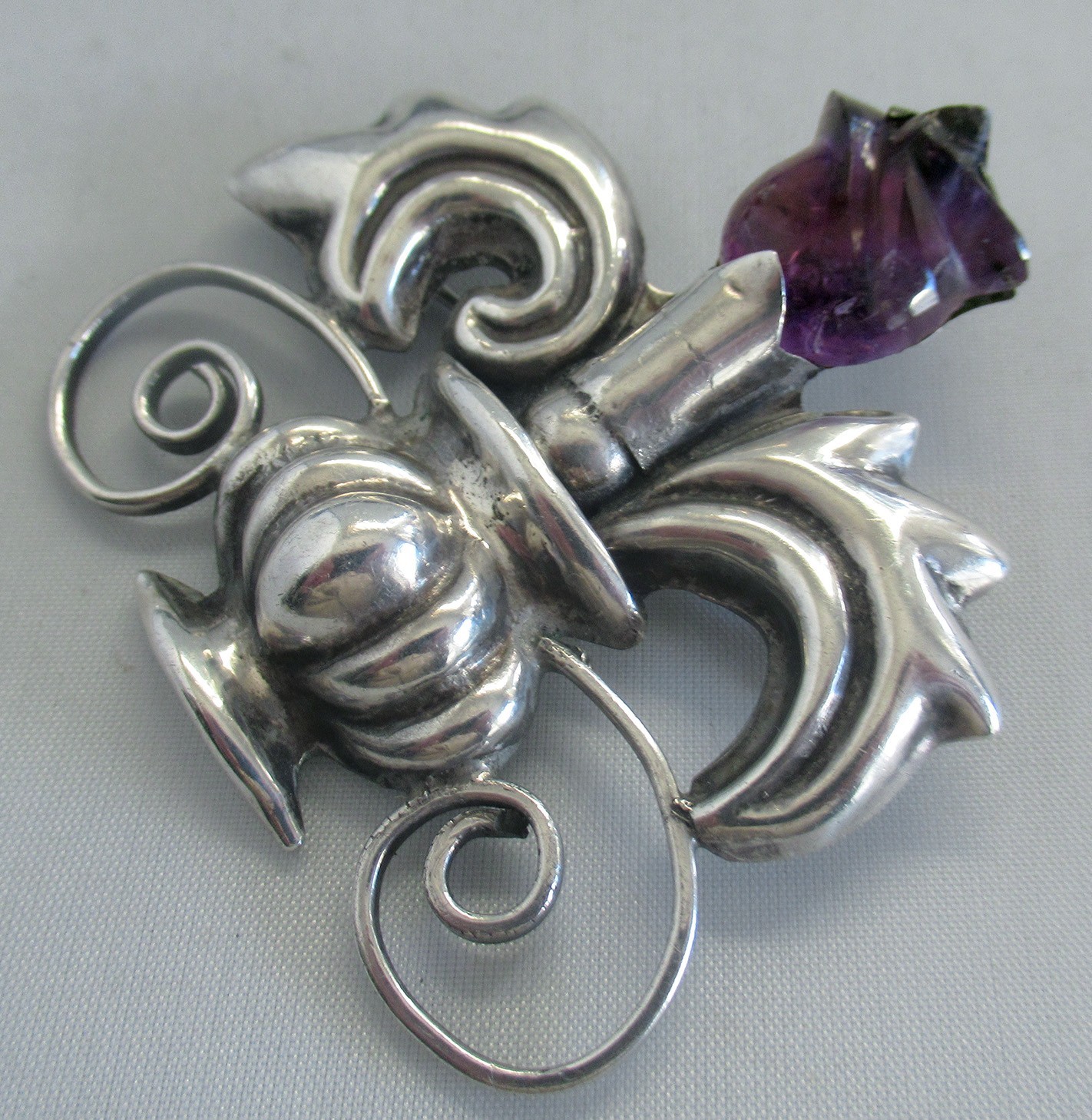 SPRATLING ERA STERLING BROOCH w AMETHYST FLOWER, 2 3/8 INCHES